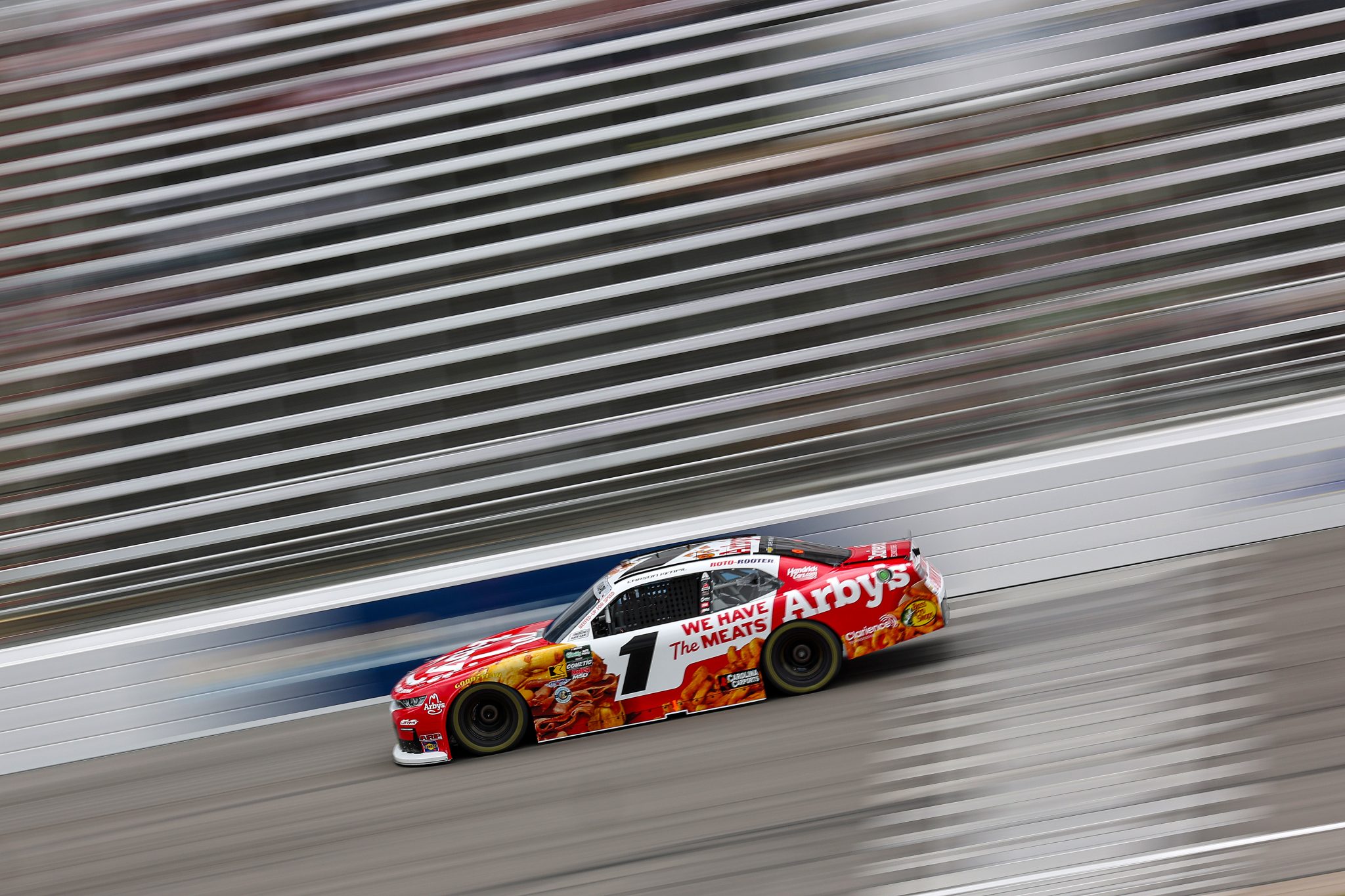 ROCKINGHAM, NORTH CAROLINA - APRIL 03: Carson Kvapil, driver of the #1 Arby's Chevrolet, drives during practice for the NASCAR O'Reilly Auto Parts Series North Carolina Education Lottery 250 Presented by Black's Tire at Rockingham Speedway on April 03, 2026 in Rockingham, North Carolina. (Photo by James Gilbert/Getty Images) | Getty Images