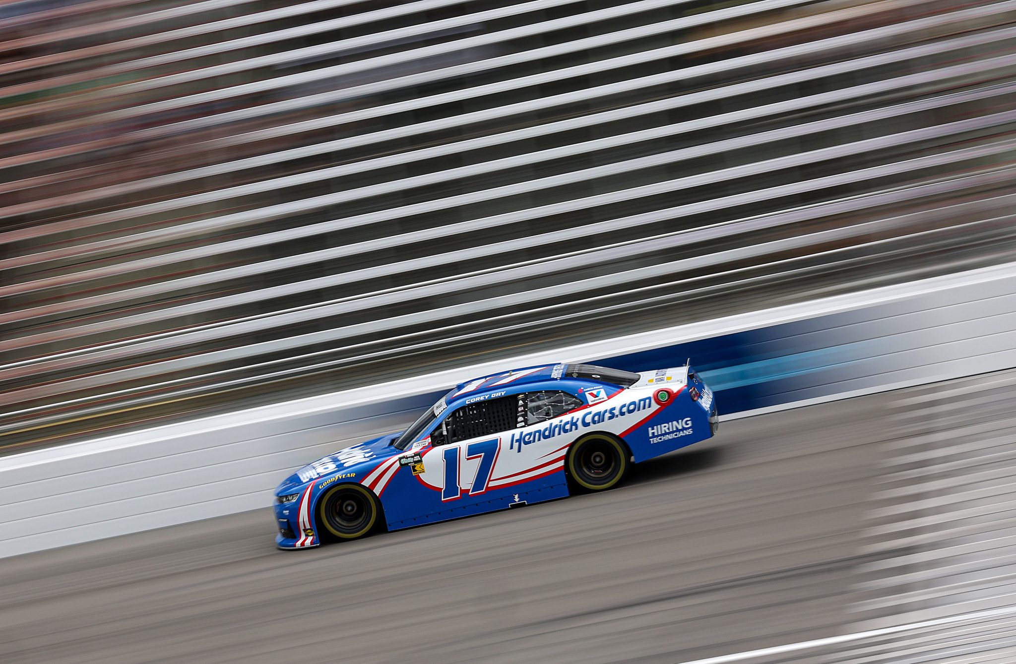 ROCKINGHAM, NORTH CAROLINA - APRIL 03: Corey Day, driver of the #17 HendrickCars.com Chevrolet, drives during practice for the NASCAR O'Reilly Auto Parts Series North Carolina Education Lottery 250 Presented by Black's Tire at Rockingham Speedway on April 03, 2026 in Rockingham, North Carolina. (Photo by James Gilbert/Getty Images) | Getty Images