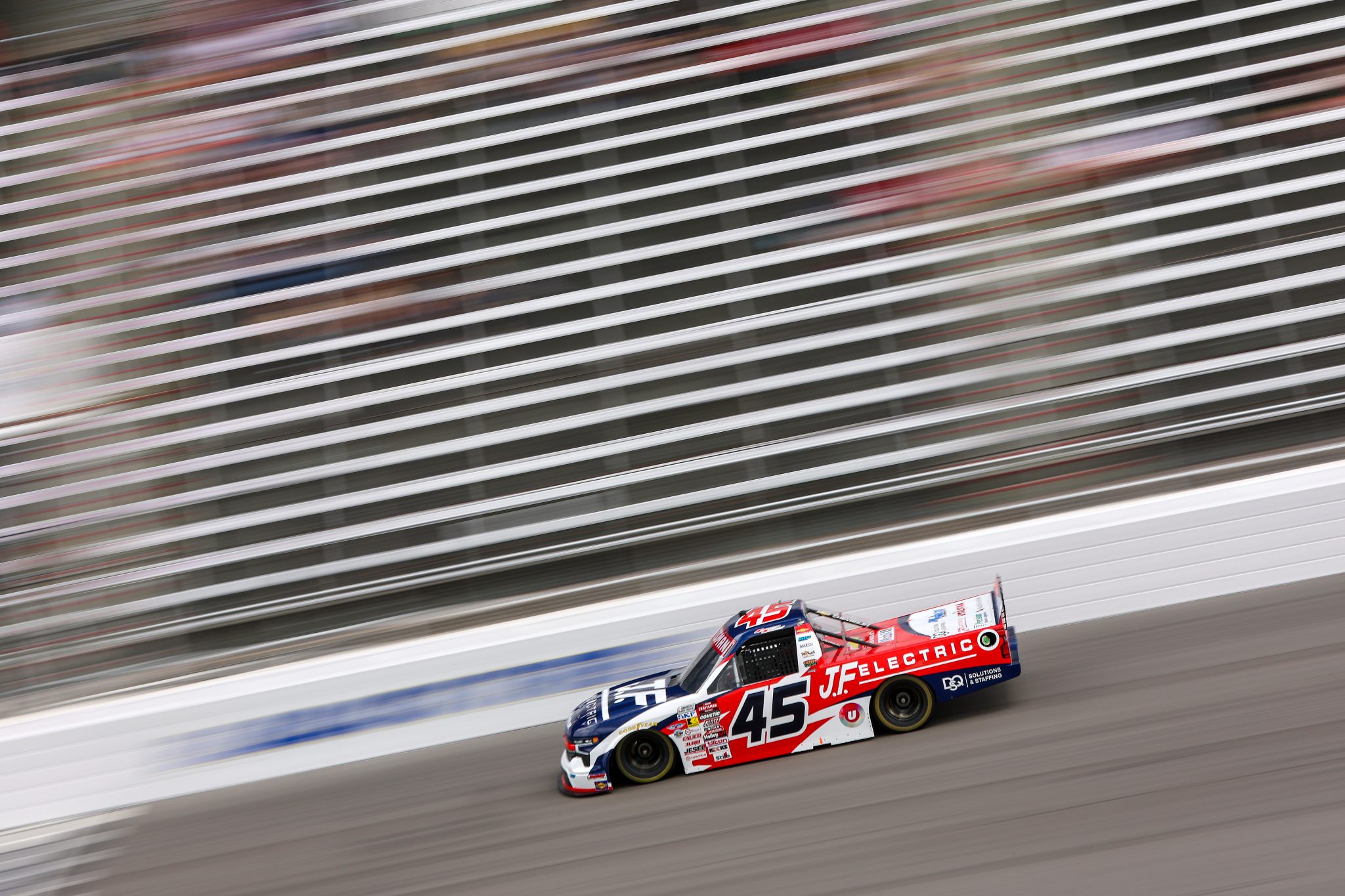 ROCKINGHAM, NORTH CAROLINA - APRIL 03: Landen Lewis, driver of the #45 J.F. Electric/Utilitra Chevrolet, drives during practice for the NASCAR Craftsman Truck Series Black's Tire 200 at Rockingham Speedway on April 03, 2026 in Rockingham, North Carolina. (Photo by Meg Oliphant/Getty Images) | Getty Images