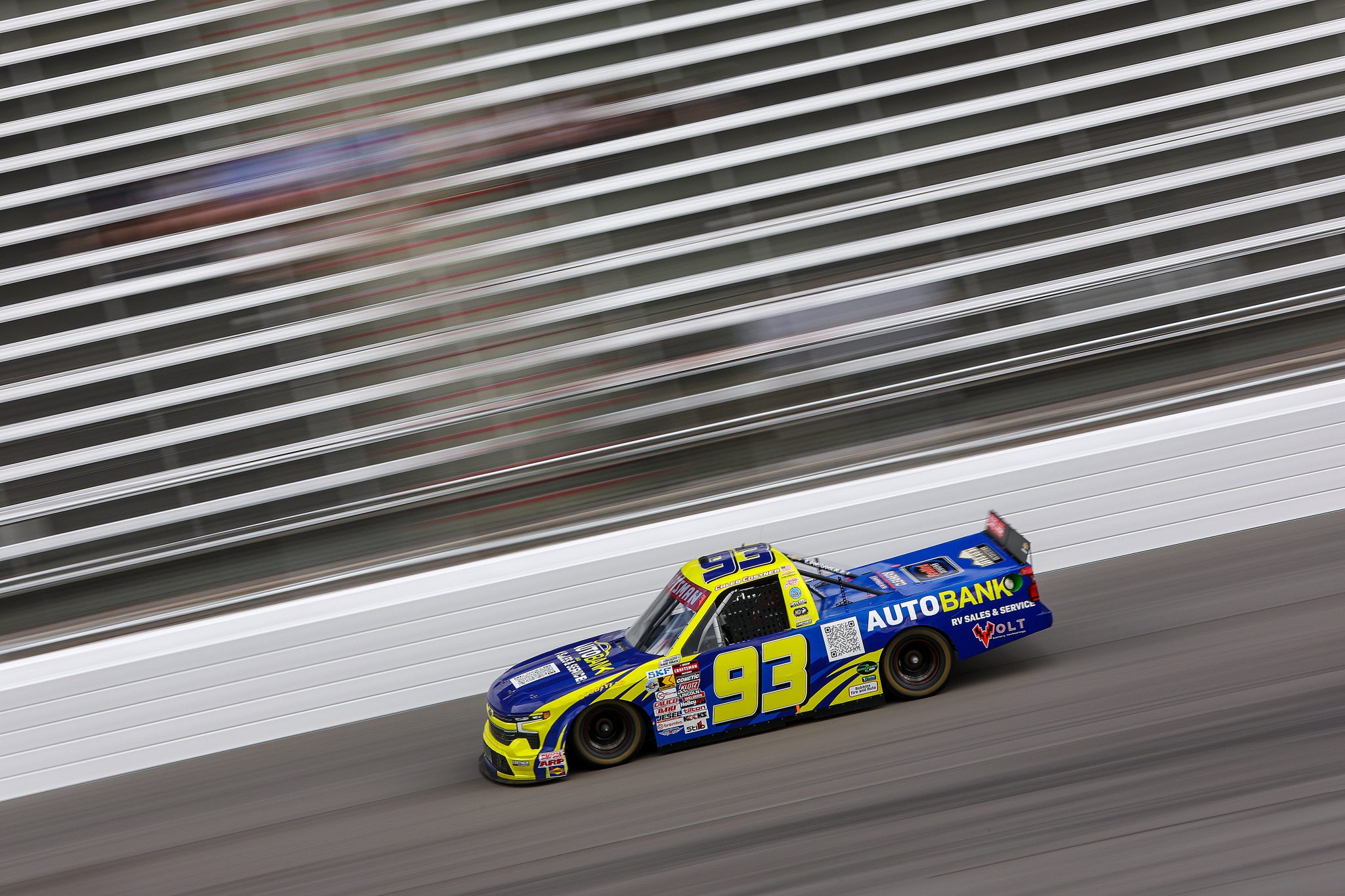 ROCKINGHAM, NORTH CAROLINA - APRIL 03: Caleb Costner, driver of the #93 AutoBank RV Sales and Services Chevrolet, drives during practice for the NASCAR Craftsman Truck Series Black's Tire 200 at Rockingham Speedway on April 03, 2026 in Rockingham, North Carolina. (Photo by Meg Oliphant/Getty Images) | Getty Images