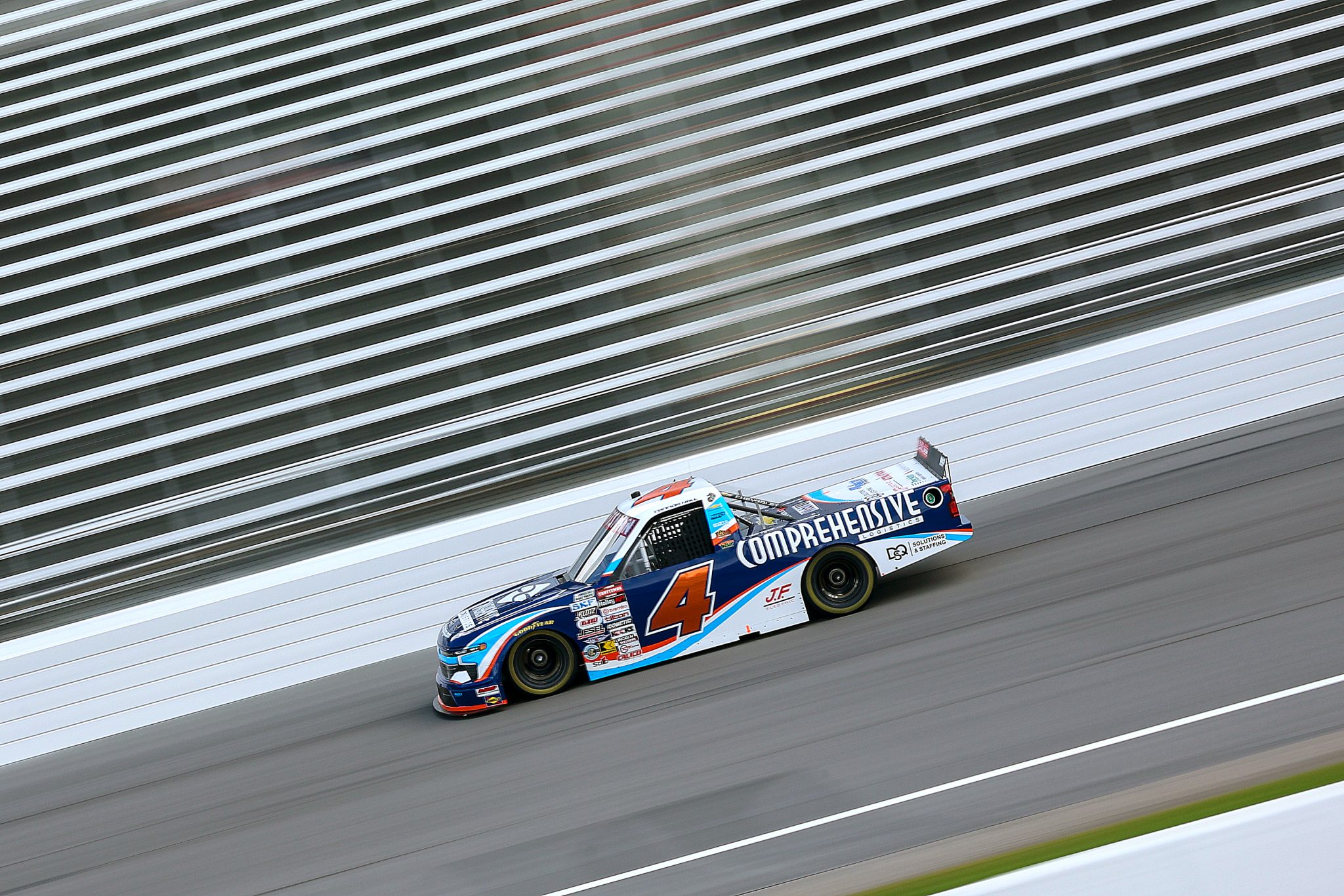 ROCKINGHAM, NORTH CAROLINA - APRIL 03: Connor Hall, driver of the #4 Comprehensive Logistics Chevrolet, drives during practice for the NASCAR Craftsman Truck Series Black's Tire 200 at Rockingham Speedway on April 03, 2026 in Rockingham, North Carolina. (Photo by Meg Oliphant/Getty Images) | Getty Images