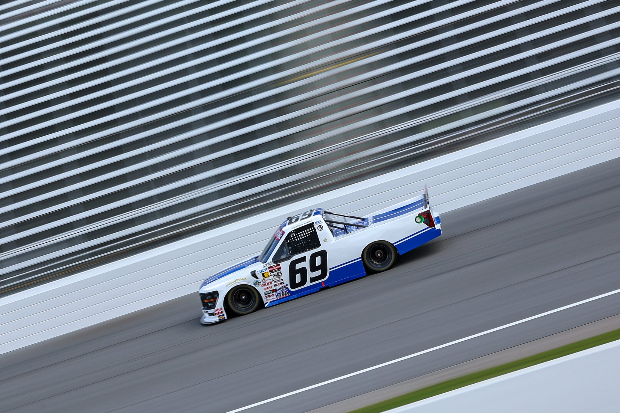 ROCKINGHAM, NORTH CAROLINA - APRIL 03: Jonathan Shafer, driver of the #69 MBM Motorsports Ford, drives during practice for the NASCAR Craftsman Truck Series Black's Tire 200 at Rockingham Speedway on April 03, 2026 in Rockingham, North Carolina. (Photo by Meg Oliphant/Getty Images) | Getty Images