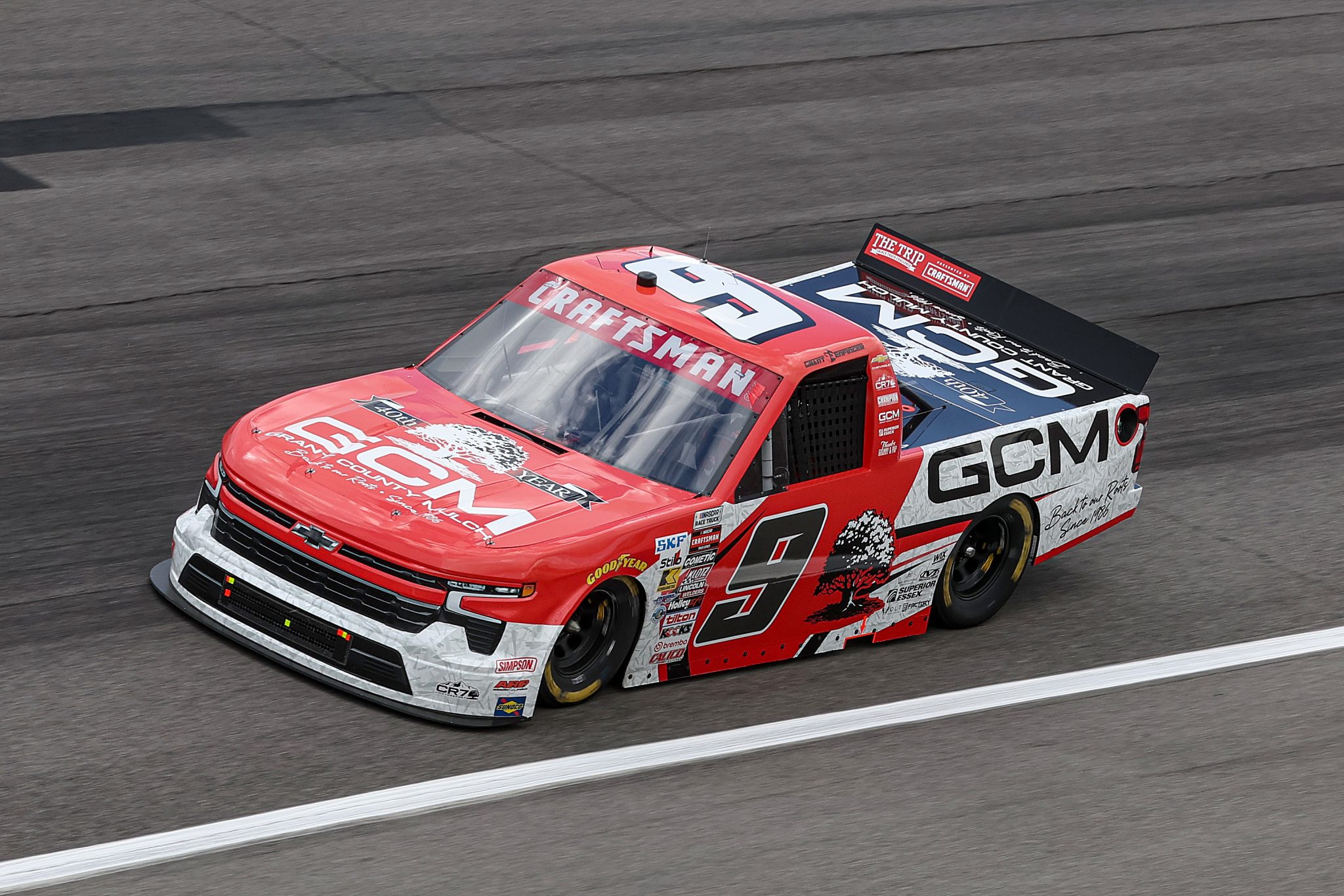 ROCKINGHAM, NORTH CAROLINA - APRIL 03: Grant Enfinger, driver of the #9 Grant County Mulch Chevrolet, drives during qualifying for the NASCAR Craftsman Truck Series Black's Tire 200 at Rockingham Speedway on April 03, 2026 in Rockingham, North Carolina. (Photo by James Gilbert/Getty Images) | Getty Images