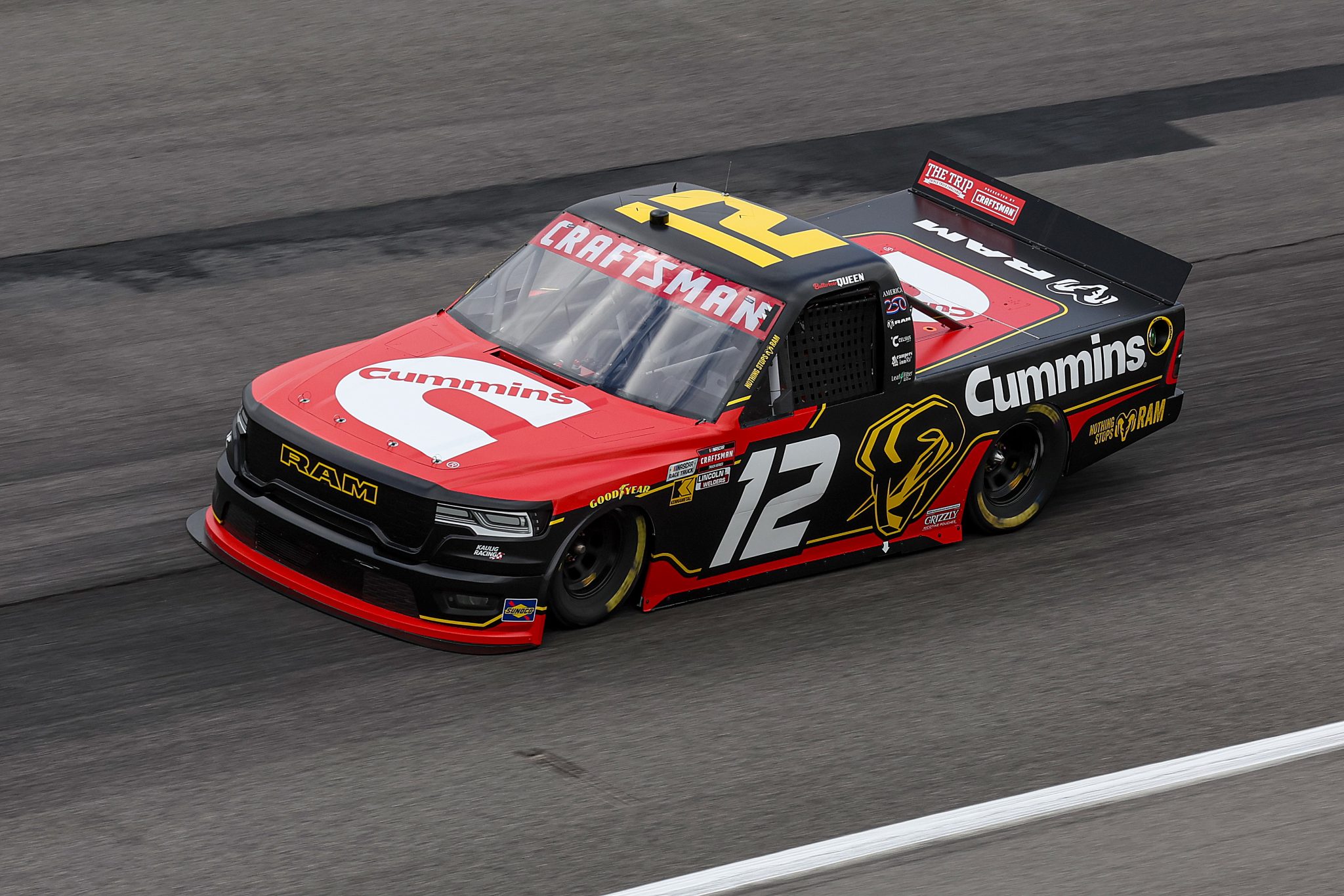 ROCKINGHAM, NORTH CAROLINA - APRIL 03: Brenden Queen, driver of the #12 Cummins RAM, drives during qualifying for the NASCAR Craftsman Truck Series Black's Tire 200 at Rockingham Speedway on April 03, 2026 in Rockingham, North Carolina. (Photo by James Gilbert/Getty Images) | Getty Images