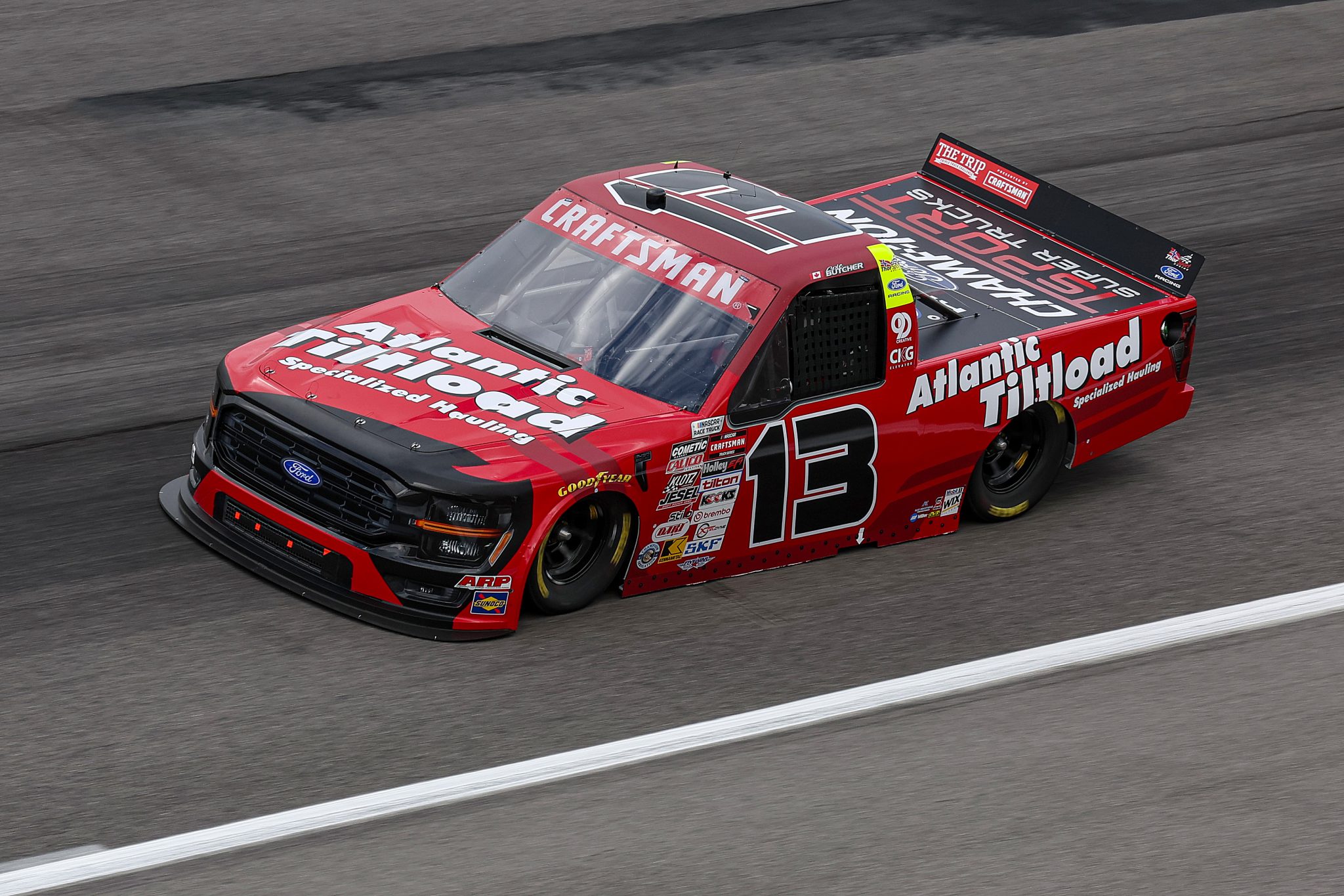 ROCKINGHAM, NORTH CAROLINA - APRIL 03: Cole Butcher, driver of the #13 Atlantic Tilt Load Ford, drives during qualifying for the NASCAR Craftsman Truck Series Black's Tire 200 at Rockingham Speedway on April 03, 2026 in Rockingham, North Carolina. (Photo by James Gilbert/Getty Images) | Getty Images
