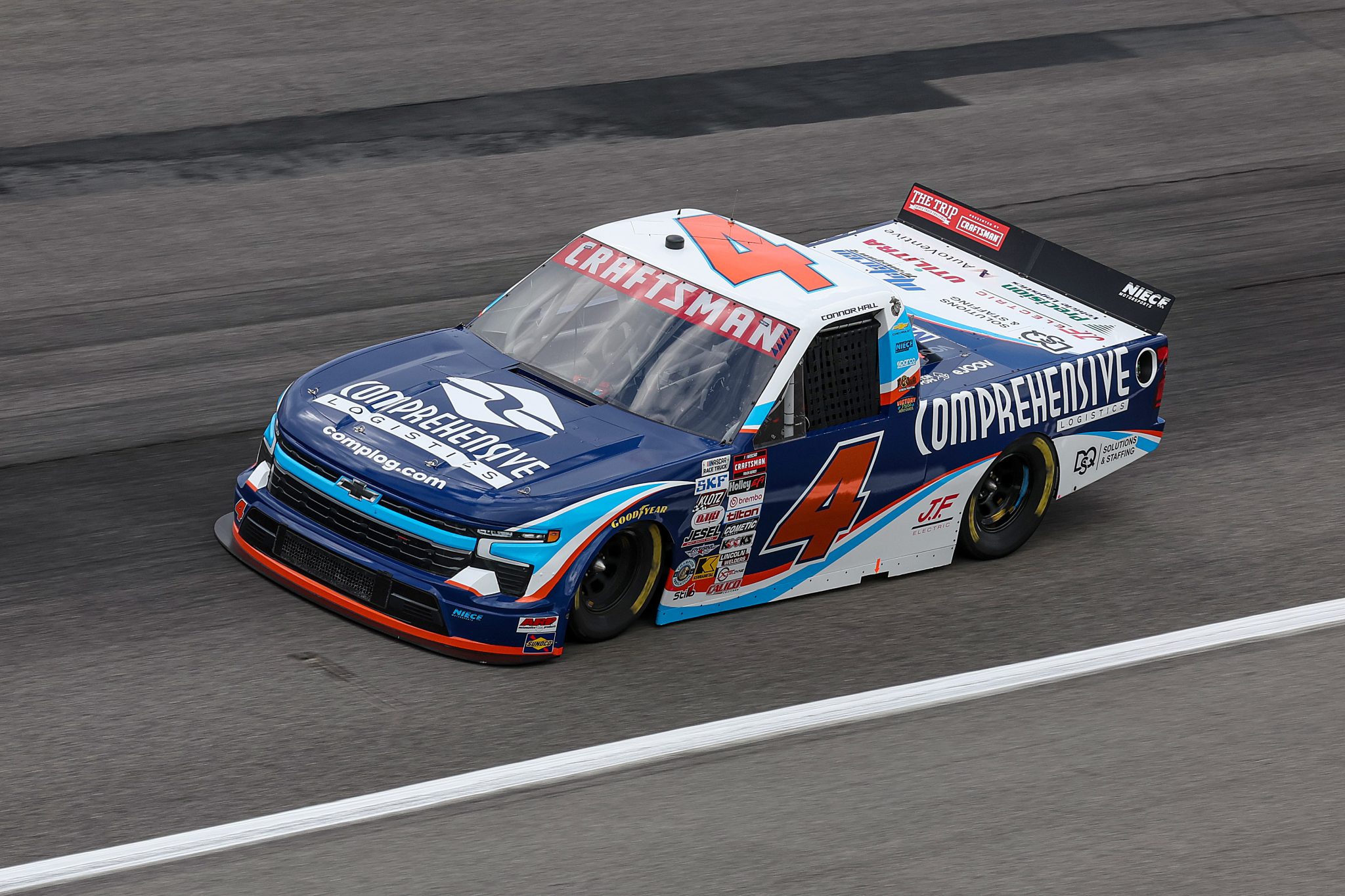 ROCKINGHAM, NORTH CAROLINA - APRIL 03: Connor Hall, driver of the #4 Comprehensive Logistics Chevrolet, drives during qualifying for the NASCAR Craftsman Truck Series Black's Tire 200 at Rockingham Speedway on April 03, 2026 in Rockingham, North Carolina. (Photo by James Gilbert/Getty Images) | Getty Images