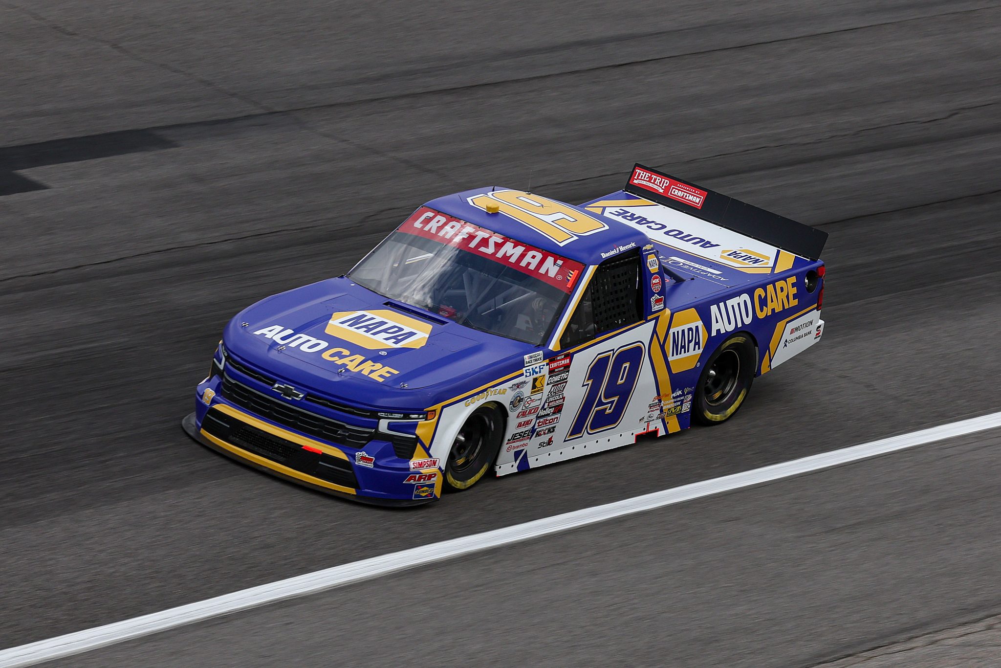 ROCKINGHAM, NORTH CAROLINA - APRIL 03: Daniel Hemric, driver of the #19 NAPA Auto Care Chevrolet, drives during qualifying for the NASCAR Craftsman Truck Series Black's Tire 200 at Rockingham Speedway on April 03, 2026 in Rockingham, North Carolina. (Photo by James Gilbert/Getty Images) | Getty Images