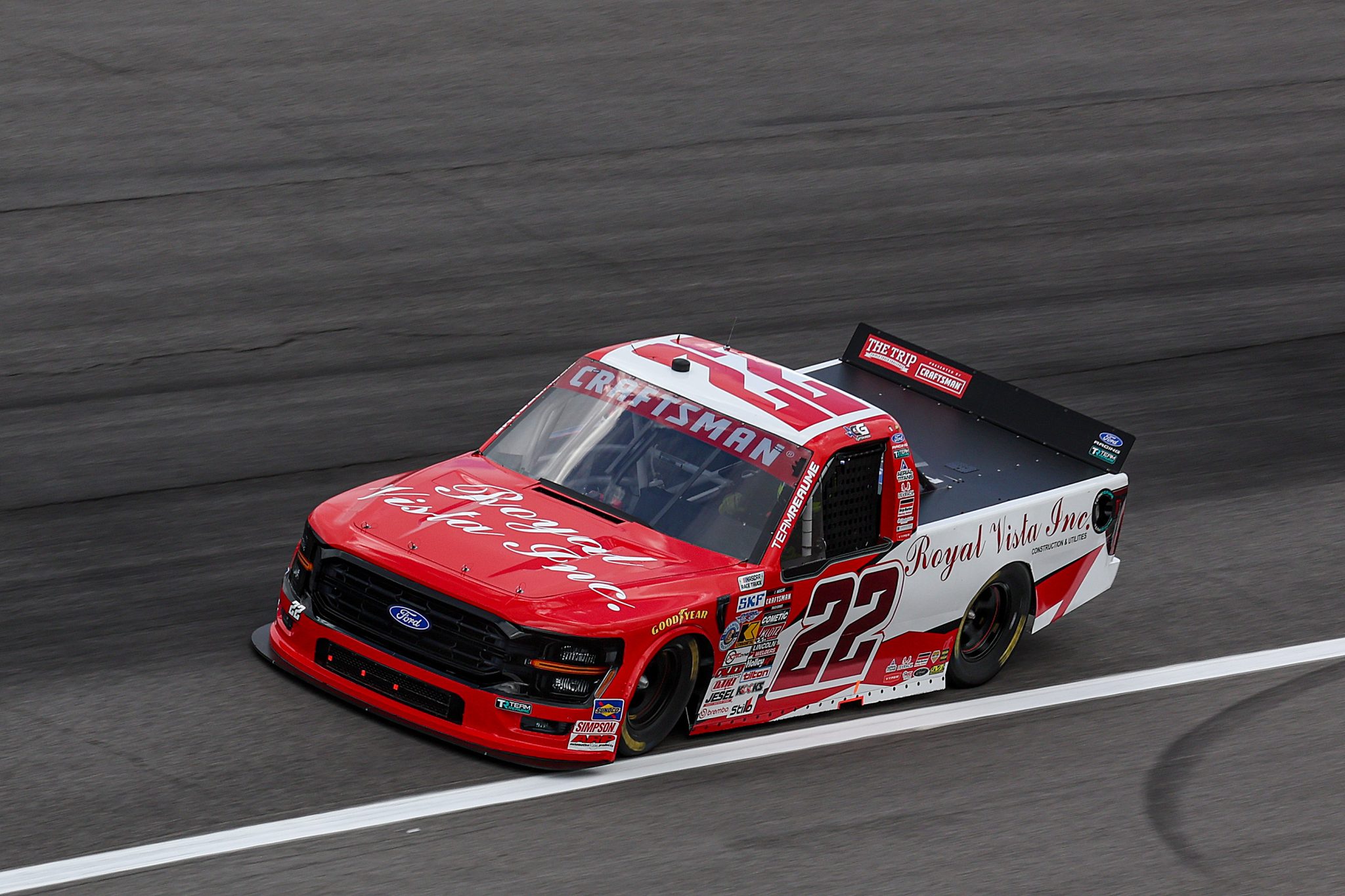 ROCKINGHAM, NORTH CAROLINA - APRIL 03: Clayton Green, driver of the #22 Royal Vista Inc Ford, drives during qualifying for the NASCAR Craftsman Truck Series Black's Tire 200 at Rockingham Speedway on April 03, 2026 in Rockingham, North Carolina. (Photo by James Gilbert/Getty Images) | Getty Images