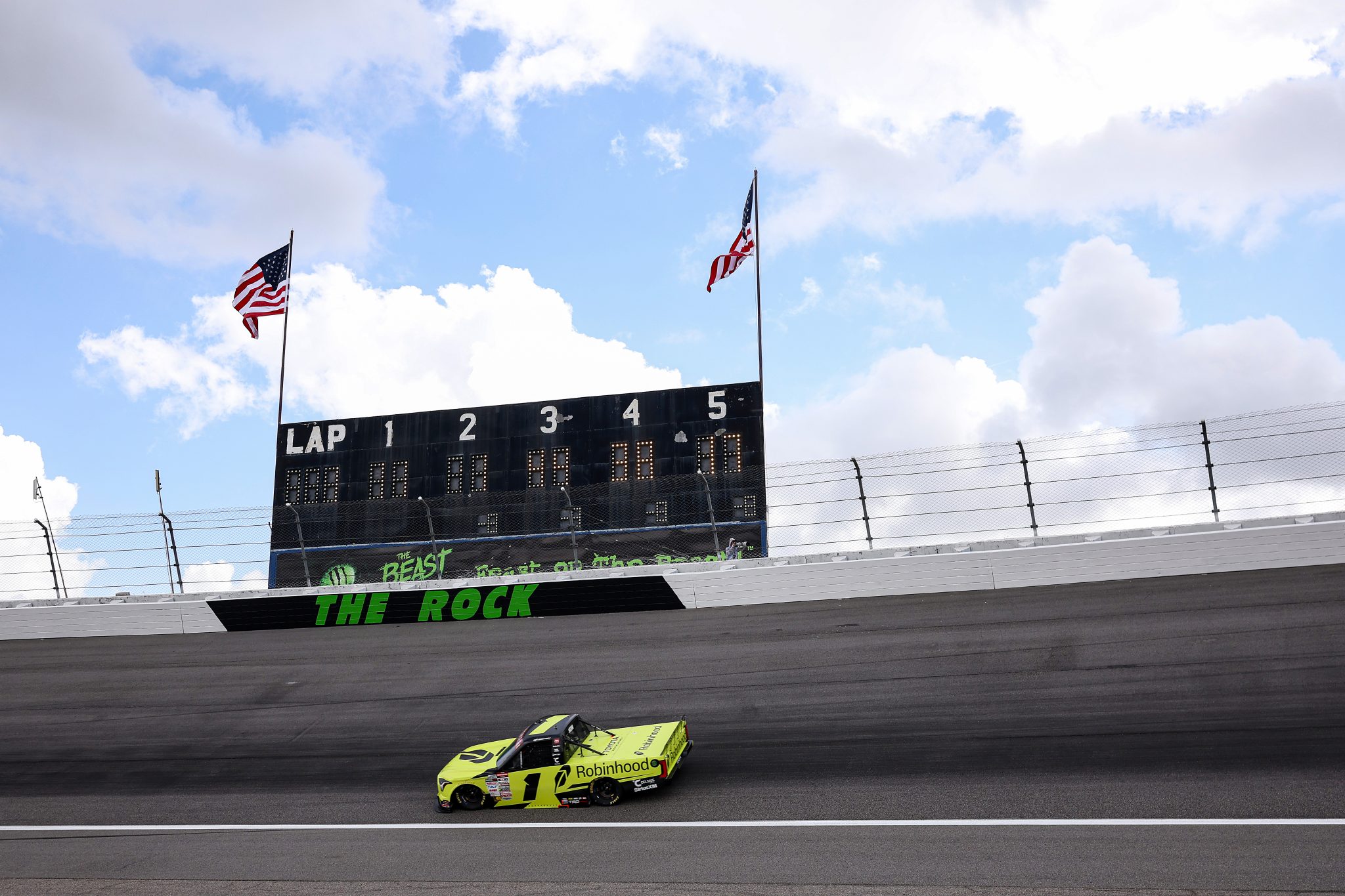 ROCKINGHAM, NORTH CAROLINA - APRIL 03: Corey Heim, driver of the #1 Robinhood Toyota, drives during practice for the NASCAR Craftsman Truck Series Black's Tire 200 at Rockingham Speedway on April 03, 2026 in Rockingham, North Carolina. (Photo by James Gilbert/Getty Images) | Getty Images