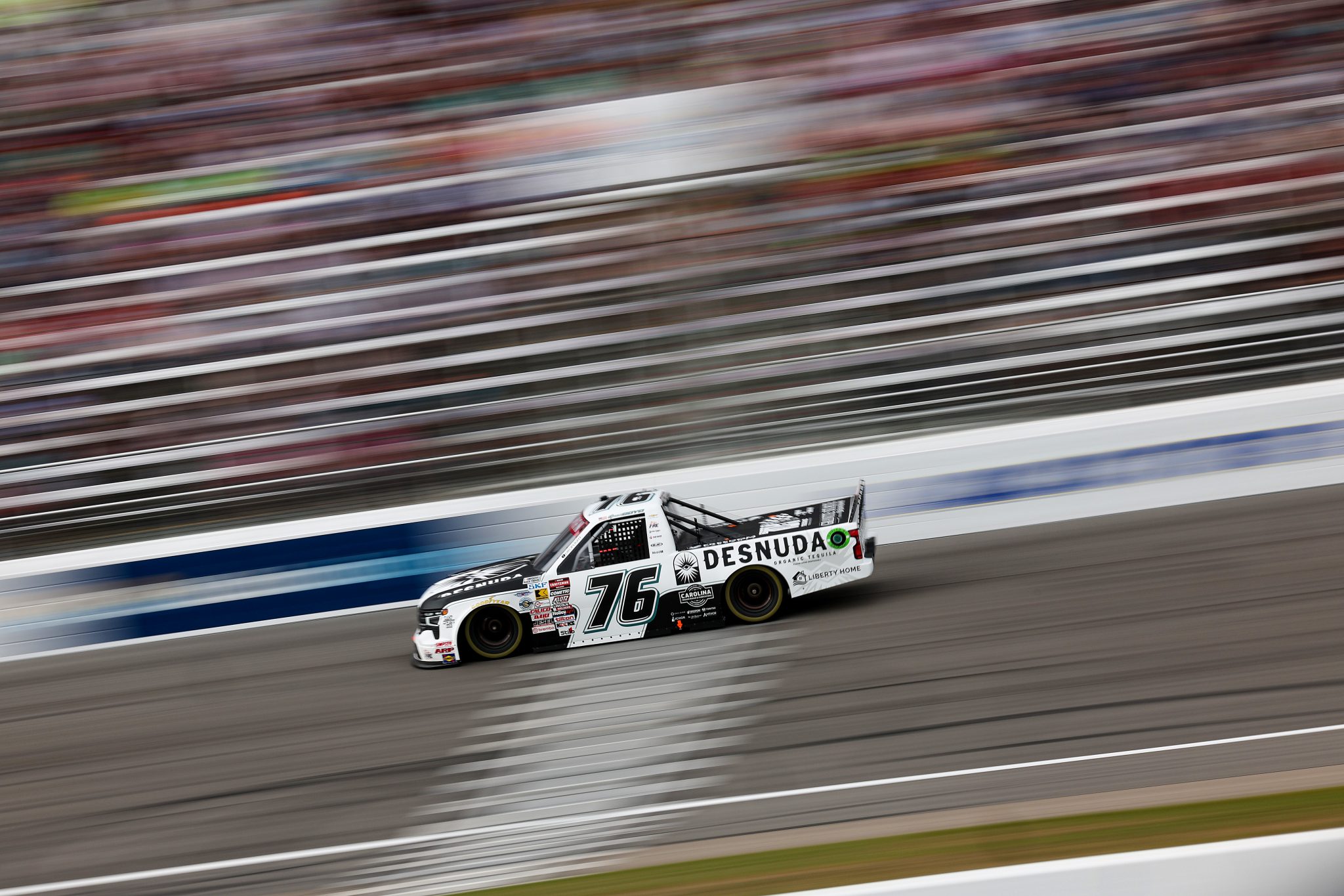 ROCKINGHAM, NORTH CAROLINA - APRIL 03: Spencer Boyd, driver of the #76 Desnuda Organic Tequila Chevrolet, drives during the NASCAR Craftsman Truck Series Black's Tire 200 at Rockingham Speedway on April 03, 2026 in Rockingham, North Carolina. (Photo by James Gilbert/Getty Images) | Getty Images