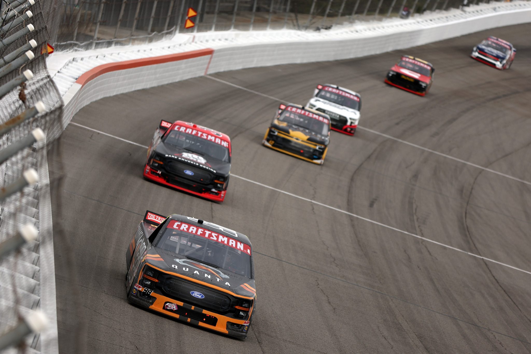 ROCKINGHAM, NORTH CAROLINA - APRIL 03: Jake Garcia, driver of the #98 Quanta Services/Curb Records Ford, drives during the NASCAR Craftsman Truck Series Black's Tire 200 at Rockingham Speedway on April 03, 2026 in Rockingham, North Carolina. (Photo by Meg Oliphant/Getty Images) | Getty Images