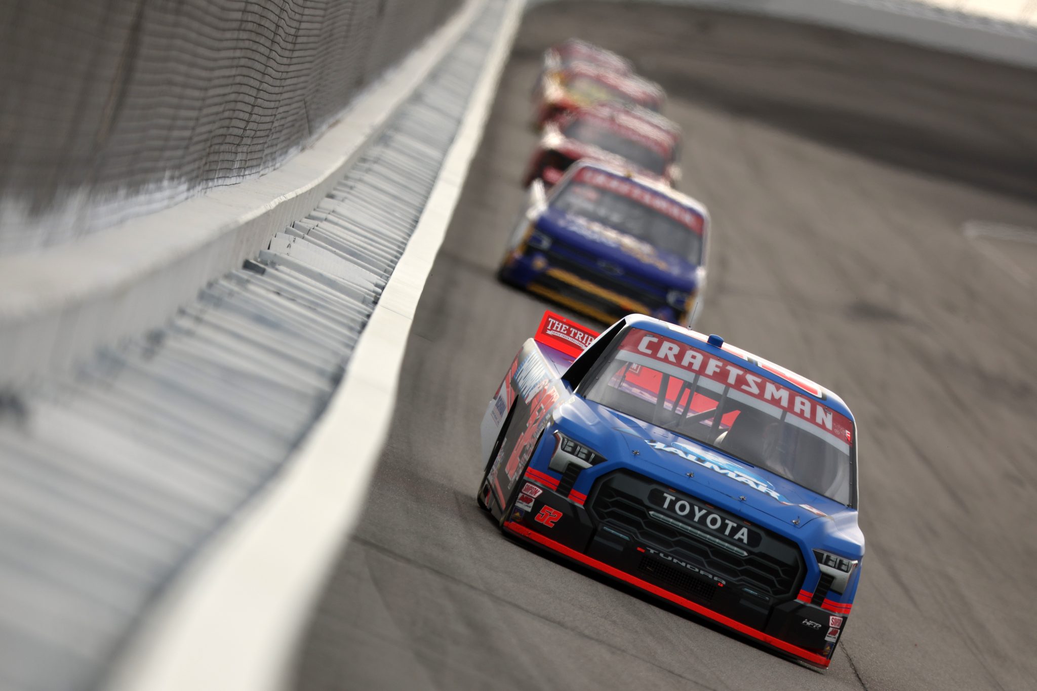 ROCKINGHAM, NORTH CAROLINA - APRIL 03: Stewart Friesen, driver of the #52 Halmar International Toyota, drives during the NASCAR Craftsman Truck Series Black's Tire 200 at Rockingham Speedway on April 03, 2026 in Rockingham, North Carolina. (Photo by Meg Oliphant/Getty Images) | Getty Images