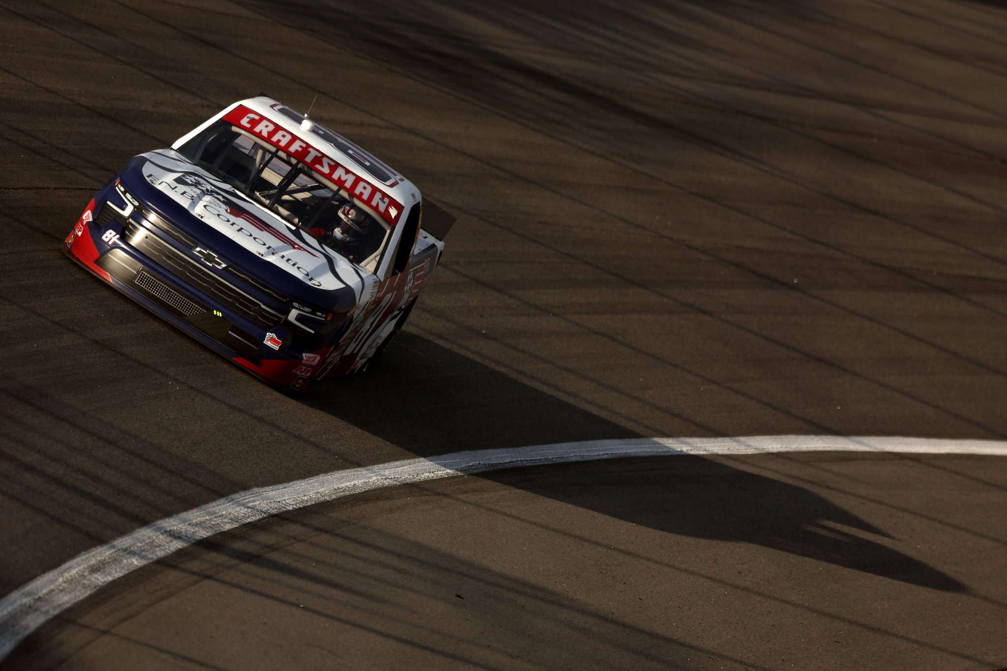 ROCKINGHAM, NORTH CAROLINA - APRIL 03: Kris Wright, driver of the #81 F.N.B. Corporation Chevrolet, drives during the NASCAR Craftsman Truck Series Black's Tire 200 at Rockingham Speedway on April 03, 2026 in Rockingham, North Carolina. (Photo by Meg Oliphant/Getty Images) | Getty Images