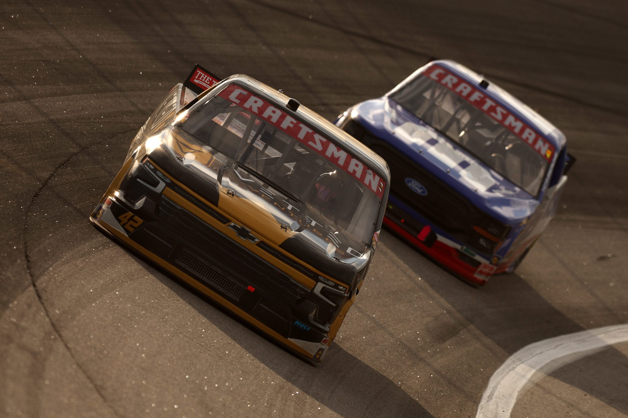 ROCKINGHAM, NORTH CAROLINA - APRIL 03: Parker Eatmon, driver of the #42 Vetted Ventures Chevrolet, drives during the NASCAR Craftsman Truck Series Black's Tire 200 at Rockingham Speedway on April 03, 2026 in Rockingham, North Carolina. (Photo by Meg Oliphant/Getty Images) | Getty Images