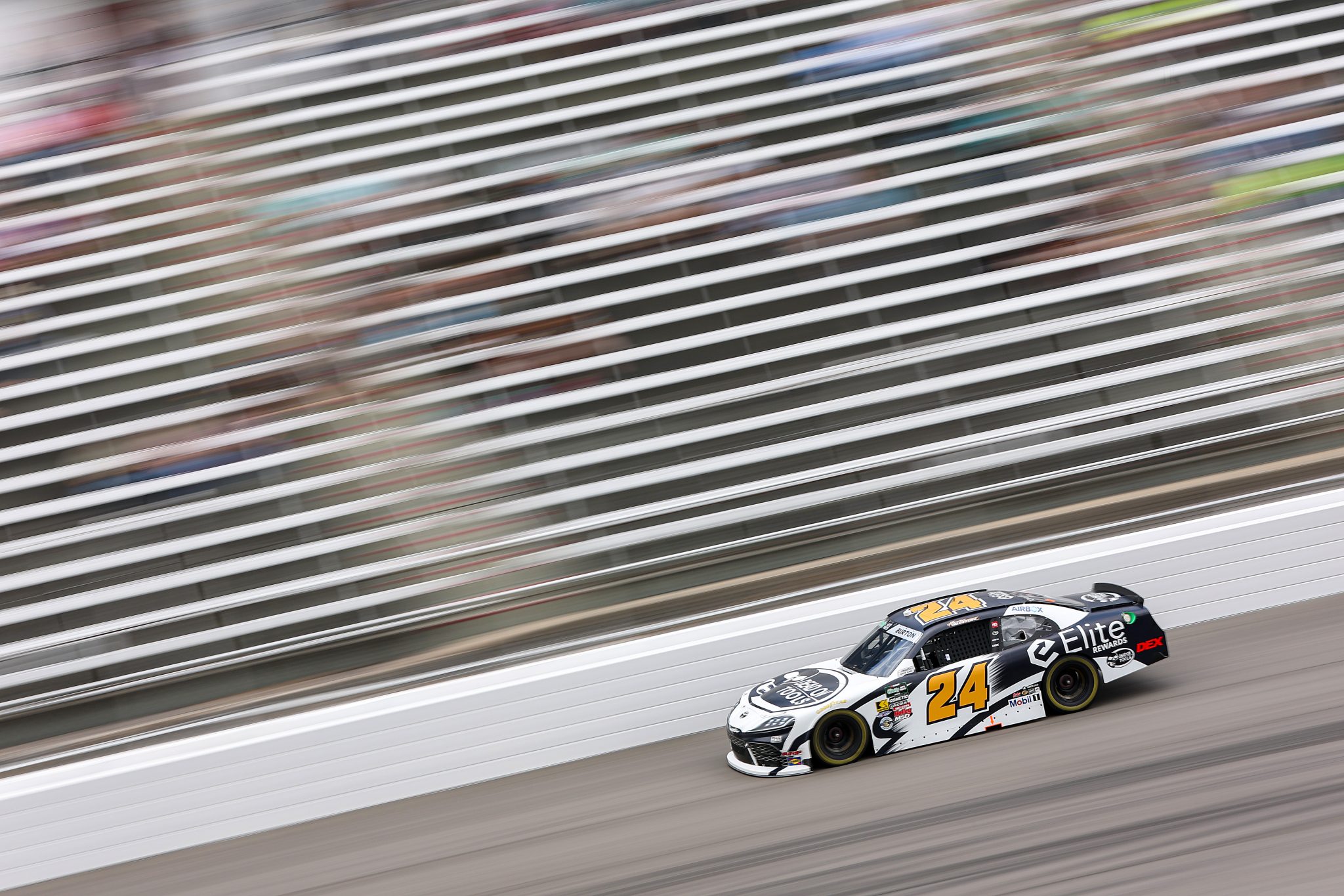 ROCKINGHAM, NORTH CAROLINA - APRIL 03: Harrison Burton, driver of the #24 Elite Rewards Toyota, drives during practice for the NASCAR O'Reilly Auto Parts Series North Carolina Education Lottery 250 Presented by Black's Tire at Rockingham Speedway on April 03, 2026 in Rockingham, North Carolina. (Photo by Meg Oliphant/Getty Images) | Getty Images