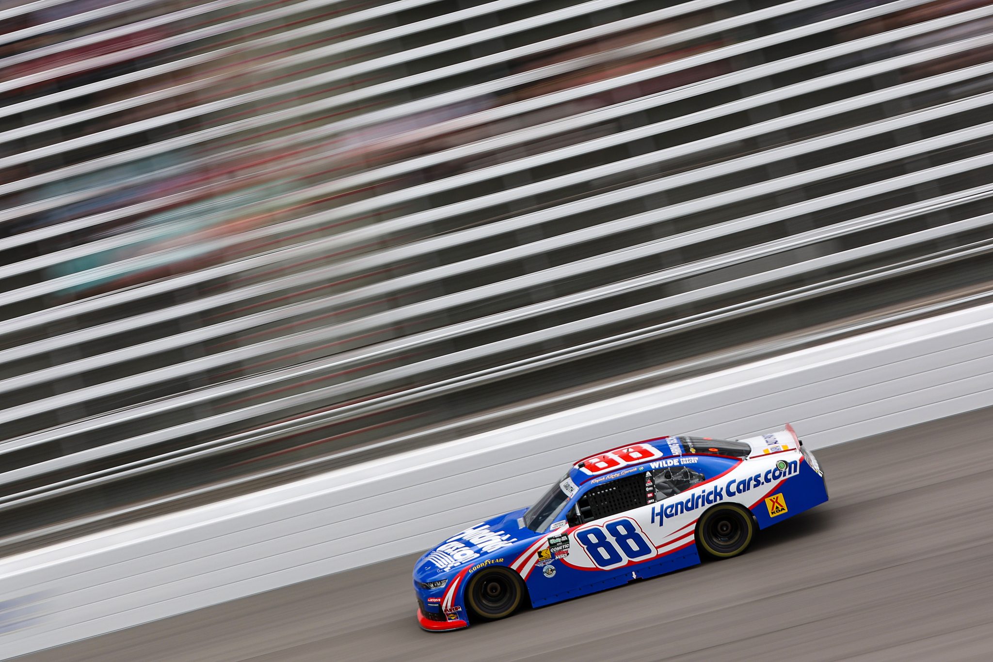 ROCKINGHAM, NORTH CAROLINA - APRIL 03: Rajah Caruth, driver of the #88 HendrickCars.com Chevrolet, drives during for the NASCAR O'Reilly Auto Parts Series North Carolina Education Lottery 250 Presented by Black's Tire at Rockingham Speedway on April 03, 2026 in Rockingham, North Carolina. (Photo by Meg Oliphant/Getty Images) | Getty Images