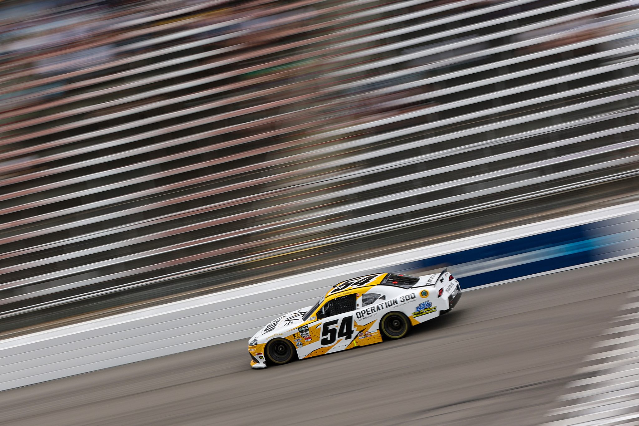 ROCKINGHAM, NORTH CAROLINA - APRIL 03: Taylor Gray, driver of the #54 Operation 300 Toyota, drives during for the NASCAR O'Reilly Auto Parts Series North Carolina Education Lottery 250 Presented by Black's Tire at Rockingham Speedway on April 03, 2026 in Rockingham, North Carolina. (Photo by Meg Oliphant/Getty Images) | Getty Images