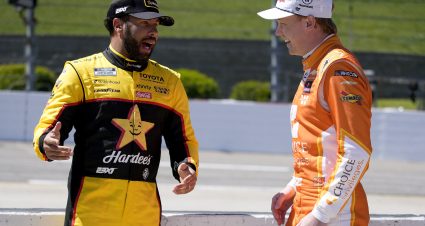 MARTINSVILLE, VIRGINIA - MARCH 28: Bubba Wallace, driver of the #23 Hardee's Toyota, (L) and Connor Zilisch, driver of the #88 Choice Privileges Chevrolet, talk on the grid during qualifying for the NASCAR Cup Series Cook Out 400 at Martinsville Speedway on March 28, 2026 in Martinsville, Virginia. (Photo by Jacob Kupferman/Getty Images) | Getty Images