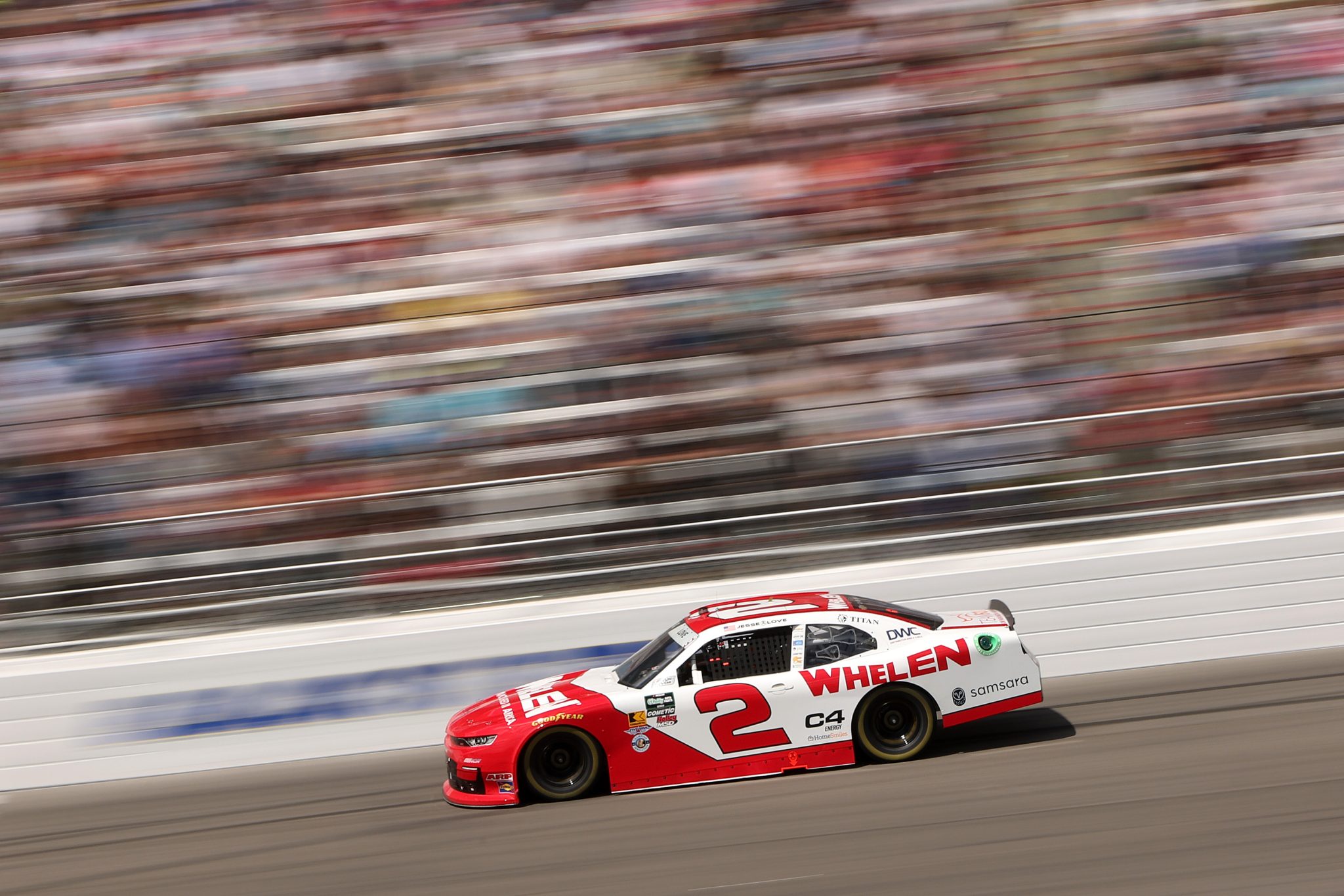 ROCKINGHAM, NORTH CAROLINA - APRIL 04: Jesse Love, driver of the #2 Whelen Chevrolet, drives during the NASCAR O'Reilly Auto Parts Series North Carolina Education Lottery 250 Presented by Black's Tire at Rockingham Speedway on April 04, 2026 in Rockingham, North Carolina. (Photo by Meg Oliphant/Getty Images) | Getty Images