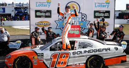 ROCKINGHAM, NORTH CAROLINA - APRIL 04: William Sawalich, driver of the #18 Soundgear Toyota, celebrates in victory lane after winning the NASCAR O'Reilly Auto Parts Series North Carolina Education Lottery 250 Presented by Black's Tire at Rockingham Speedway on April 04, 2026 in Rockingham, North Carolina. (Photo by Meg Oliphant/Getty Images) | Getty Images