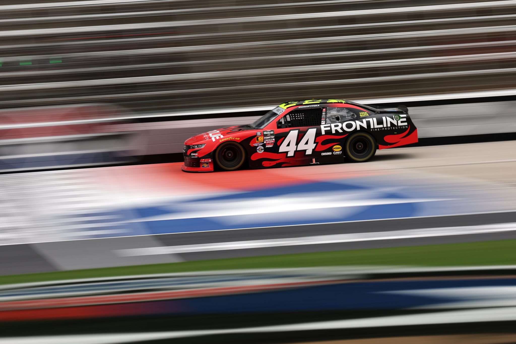 FORT WORTH, TEXAS - MAY 01: Brennan Poole, driver of the #44 Frontline Fire Protection Chevrolet, drives during practice for the NASCAR O'Reilly Auto Parts Series Andy's Frozen Custard 340 at Texas Motor Speedway on May 01, 2026 in Fort Worth, Texas. (Photo by James Gilbert/Getty Images) | Getty Images