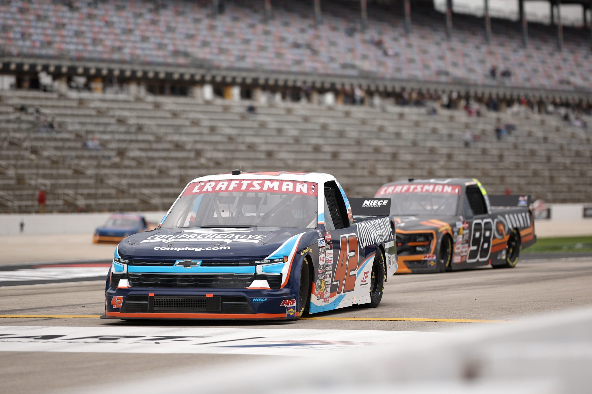 FORT WORTH, TEXAS - MAY 01: Conner Jones, driver of the #42 Niece Motorsports Chevrolet, drives on pit road during practice for the NASCAR Craftsman Truck Series SpeedyCash.com 250 at Texas Motor Speedway on May 01, 2026 in Fort Worth, Texas. (Photo by James Gilbert/Getty Images) | Getty Images