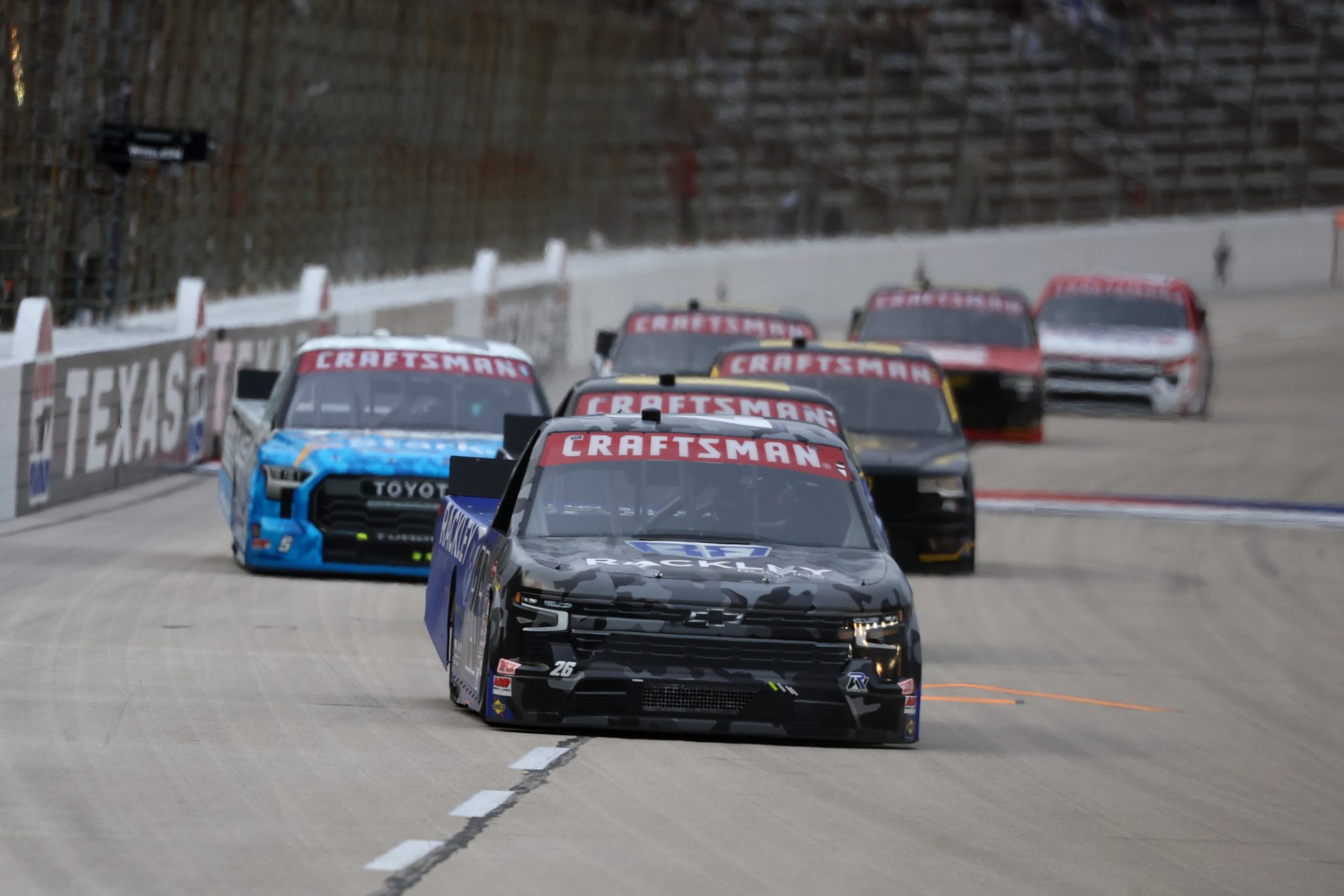 FORT WORTH, TEXAS - MAY 01: Dawson Sutton, driver of the #26 Rackley Roofing Chevrolet, races during the NASCAR Craftsman Truck Series SpeedyCash.com 250 at Texas Motor Speedway on May 01, 2026 in Fort Worth, Texas. (Photo by James Gilbert/Getty Images) | Getty Images