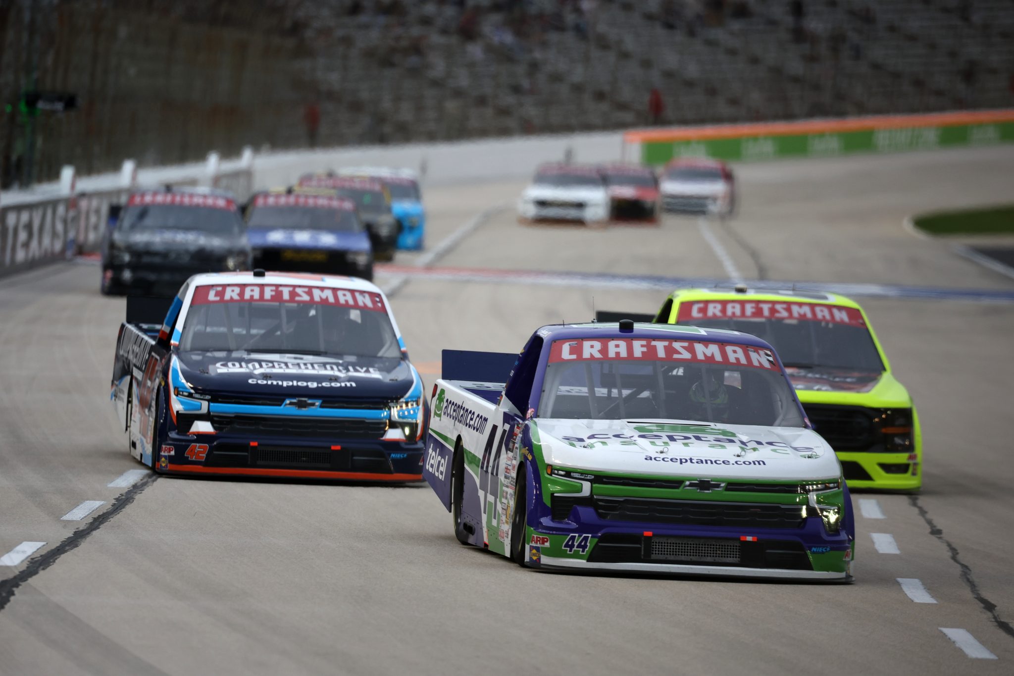 FORT WORTH, TEXAS - MAY 01: Andres Perez De Lara, driver of the #44 Acceptance Insurance Chevrolet, leads Conner Jones, driver of the #42 Comprehensive Logistics Chevrolet, and Ty Majeski, driver of the #88 Black Label Bacon/Menards Ford, during the NASCAR Craftsman Truck Series SpeedyCash.com 250 at Texas Motor Speedway on May 01, 2026 in Fort Worth, Texas. (Photo by James Gilbert/Getty Images) | Getty Images