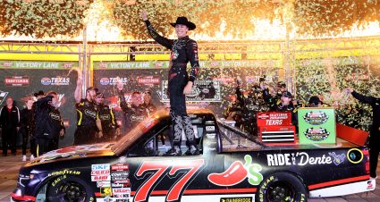 FORT WORTH, TEXAS - MAY 01: Carson Hocevar, driver of the #77 Chili's Ride the ' Dente Chevrolet, celebrates in victory lane after winning the NASCAR Craftsman Truck Series SpeedyCash.com 250 at Texas Motor Speedway on May 01, 2026 in Fort Worth, Texas. (Photo by Tim Heitman/Getty Images) | Getty Images