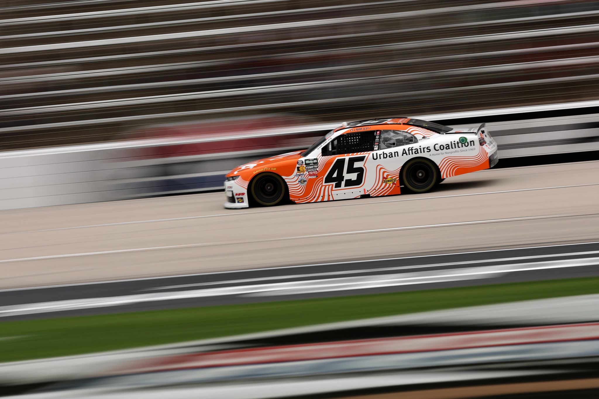 FORT WORTH, TEXAS - MAY 01: Lavar Scott, driver of the #45 Urban Affairs Coalition Chevrolet, drives during practice for the NASCAR O'Reilly Auto Parts Series Andy's Frozen Custard 340 at Texas Motor Speedway on May 01, 2026 in Fort Worth, Texas. (Photo by James Gilbert/Getty Images) | Getty Images
