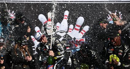 WATKINS GLEN, NEW YORK - MAY 10: Shane Van Gisbergen, driver of the #97 Superfile Chevrolet, and crew spray champagne in victory lane after winning the NASCAR Cup Series Go Bowling at The Glen at Watkins Glen International on May 10, 2026 in Watkins Glen, New York. (Photo by Chris Graythen/Getty Images) | Getty Images