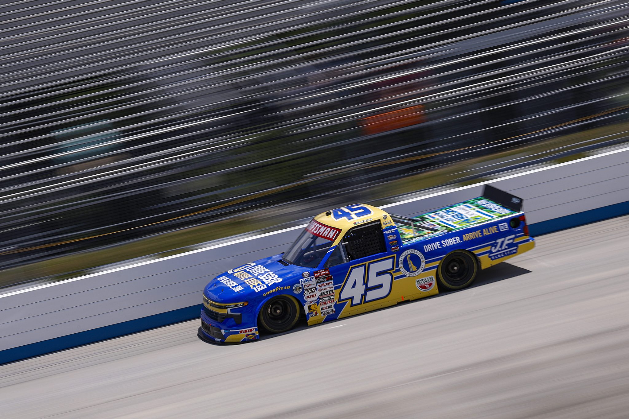 DOVER, DELAWARE - MAY 15: Ross Chastain, driver of the #45 Delaware Office of Highway Safety Chevrolet, drives during practice for the NASCAR Craftsman Truck Series ECOSAVE 200 at Dover Motor Speedway on May 15, 2026 in Dover, Delaware. (Photo by Sean Gardner/Getty Images) | Getty Images