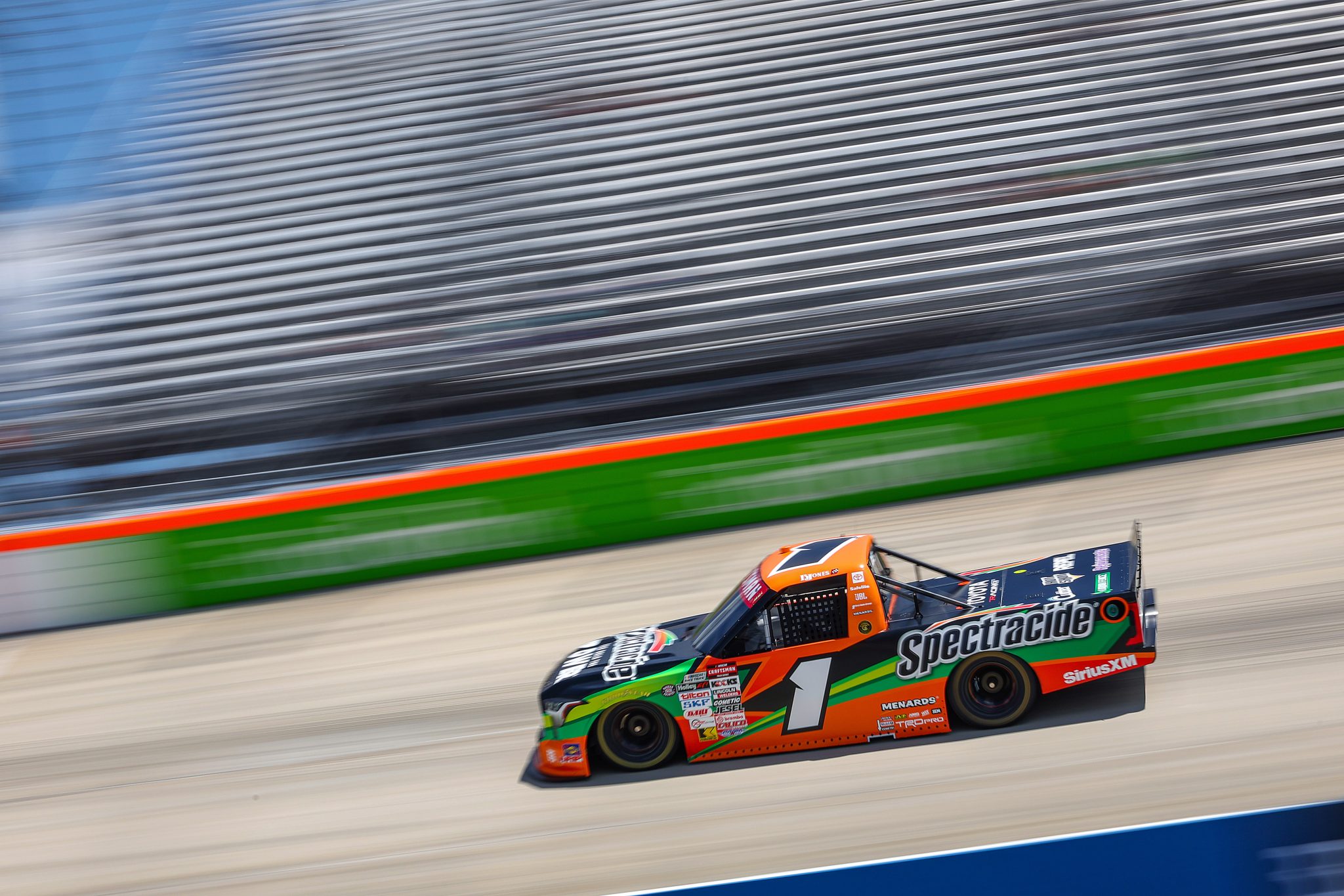 DOVER, DELAWARE - MAY 15: Brandon Jones, driver of the #1 Spectracide Toyota, drives during practice for the NASCAR Craftsman Truck Series ECOSAVE 200 at Dover Motor Speedway on May 15, 2026 in Dover, Delaware. (Photo by Meg Oliphant/Getty Images) | Getty Images