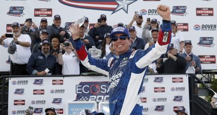 DOVER, DELAWARE - MAY 15: Kyle Busch, driver of the #7 HendrickCars.com Chevrolet, celebrates in victory lane after winning the NASCAR Craftsman Truck Series ECOSAVE 200 at Dover Motor Speedway on May 15, 2026 in Dover, Delaware. (Photo by Sean Gardner/Getty Images) | Getty Images