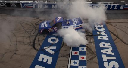 DOVER, DELAWARE - MAY 15: Kyle Busch, driver of the #7 HendrickCars.com Chevrolet, celebrates with a burnout after winning the NASCAR Craftsman Truck Series ECOSAVE 200 at Dover Motor Speedway on May 15, 2026 in Dover, Delaware. (Photo by Meg Oliphant/Getty Images) | Getty Images
