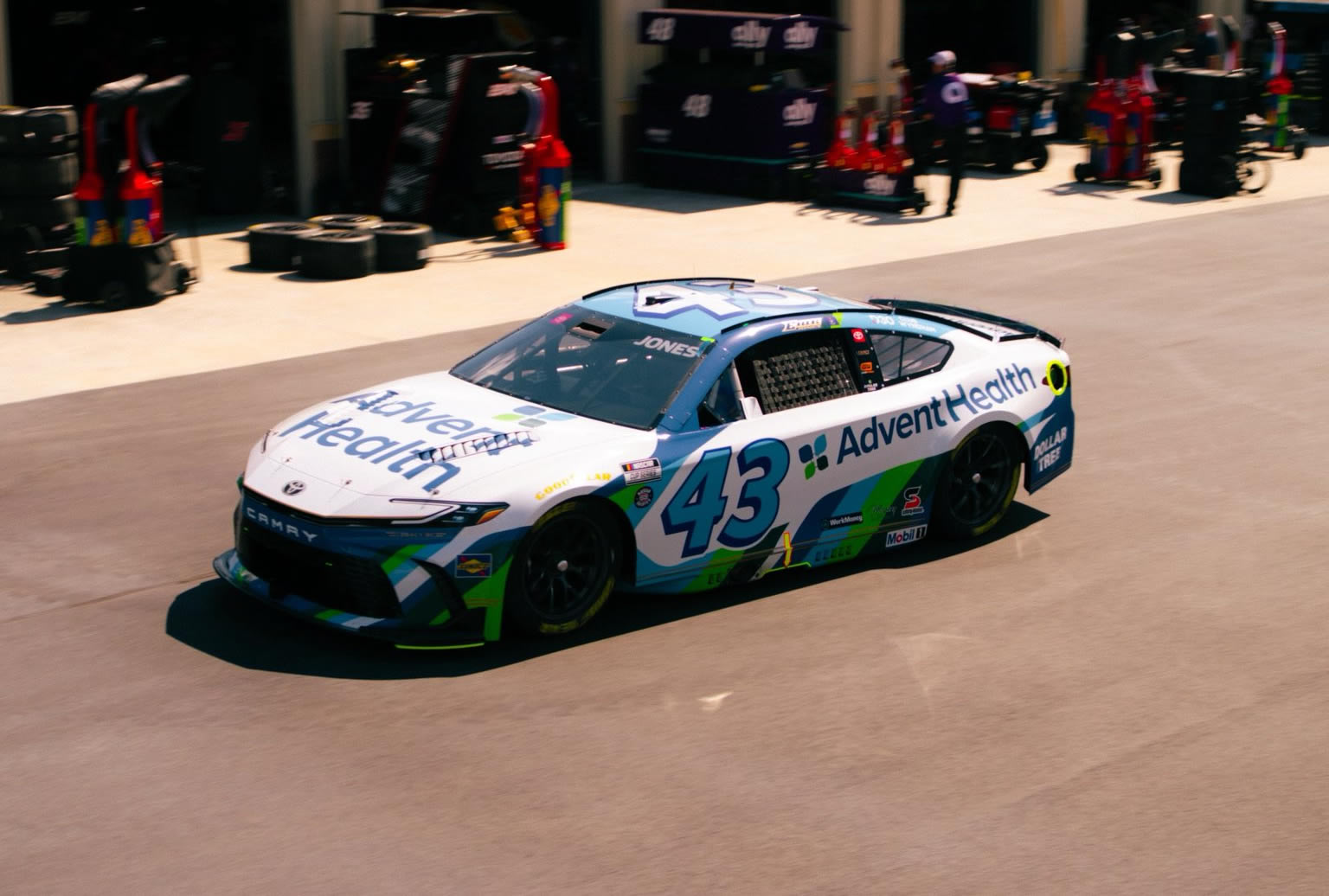 DOVER, DELAWARE – MAY 15: Erik Jones, driver of the #43 AdventHealth Toyota, drives through the garage during practice for the NASCAR Cup Series All-Star Race at Dover Motor Speedway on May 15, 2026 in Dover, Delaware. (Photo from Legacy Motor Club)