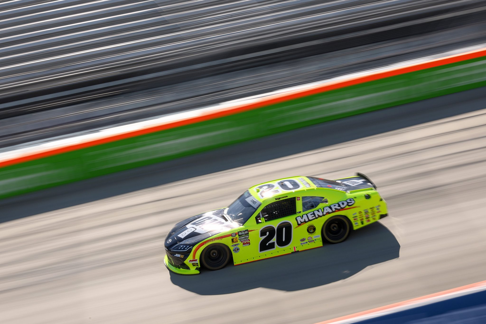 DOVER, DELAWARE - MAY 16: Brandon Jones, driver of the #20 Menards Toyota,- drives during practice for the NASCAR O'Reilly Auto Parts Series BetRivers 200 at Dover Motor Speedway on May 16, 2026 in Dover, Delaware. (Photo by Meg Oliphant/Getty Images) | Getty Images