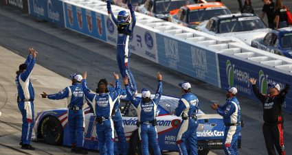 DOVER, DELAWARE - MAY 16: Corey Day, driver of the #17 HendrickCars.com Chevrolet, and crew celebrate after winning the NASCAR O'Reilly Auto Parts Series BetRivers 200 at Dover Motor Speedway on May 16, 2026 in Dover, Delaware. (Photo by Sean Gardner/Getty Images) | Getty Images