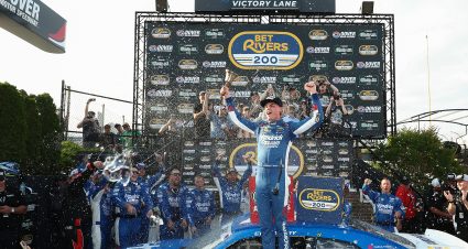 DOVER, DELAWARE - MAY 16: Corey Day, driver of the #17 HendrickCars.com Chevrolet, celebrates in victory lane after winning the NASCAR O'Reilly Auto Parts Series BetRivers 200 at Dover Motor Speedway on May 16, 2026 in Dover, Delaware. (Photo by Meg Oliphant/Getty Images) | Getty Images