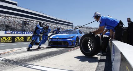 DOVER, DELAWARE - MAY 16: Denny Hamlin, driver of the #11 Progressive Insurance Toyota, pits during the NASCAR Cup Series All-Star Pit Crew Challenge at Dover Motor Speedway on May 16, 2026 in Dover, Delaware. (Photo by Sean Gardner/Getty Images) | Getty Images