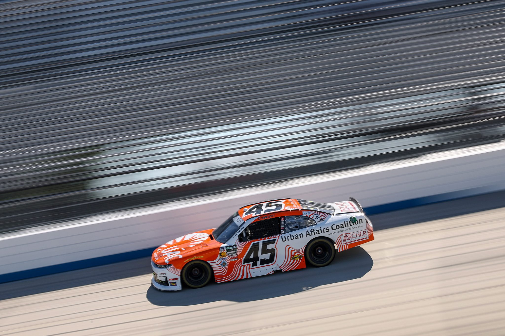 DOVER, DELAWARE - MAY 16: Lavar Scott, driver of the #45 Urban Affairs Coalition Chevrolet, drives during practice for the NASCAR O'Reilly Auto Parts Series BetRivers 200 at Dover Motor Speedway on May 16, 2026 in Dover, Delaware. (Photo by Meg Oliphant/Getty Images) | Getty Images