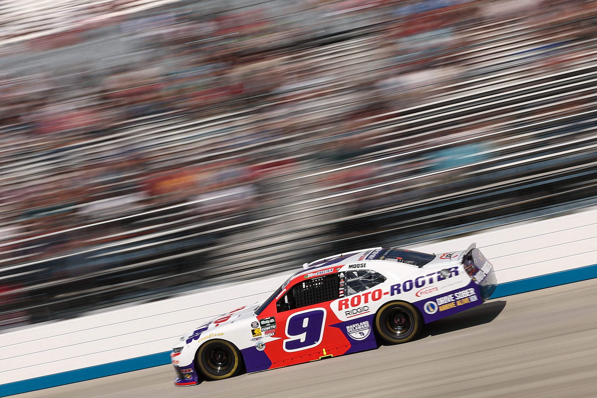 DOVER, DELAWARE - MAY 16: Ross Chastain, driver of the #9 Roto-Rooter Chevrolet, drives during the NASCAR O'Reilly Auto Parts Series BetRivers 200 at Dover Motor Speedway on May 16, 2026 in Dover, Delaware. (Photo by Meg Oliphant/Getty Images) | Getty Images