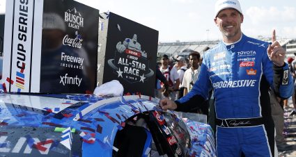DOVER, DELAWARE - MAY 17: Denny Hamlin, driver of the #11 Progressive Insurance Toyota, poses with the winner sticker on his car in victory lane after winning the NASCAR Cup Series All-Star Race at Dover Motor Speedway on May 17, 2026 in Dover, Delaware. (Photo by Sean Gardner/Getty Images) | Getty Images
