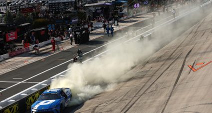 DOVER, DELAWARE - MAY 17: Denny Hamlin, driver of the #11 Progressive Insurance Toyota, celebrates with a burnout after winning the NASCAR Cup Series All-Star Race at Dover Motor Speedway on May 17, 2026 in Dover, Delaware. (Photo by Meg Oliphant/Getty Images) | Getty Images