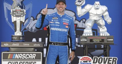 DOVER, DELAWARE - MAY 17: Denny Hamlin, driver of the #11 Progressive Insurance Toyota, celebrates in victory lane after winning the NASCAR Cup Series All-Star Race at Dover Motor Speedway on May 17, 2026 in Dover, Delaware. (Photo by Sean Gardner/Getty Images) | Getty Images