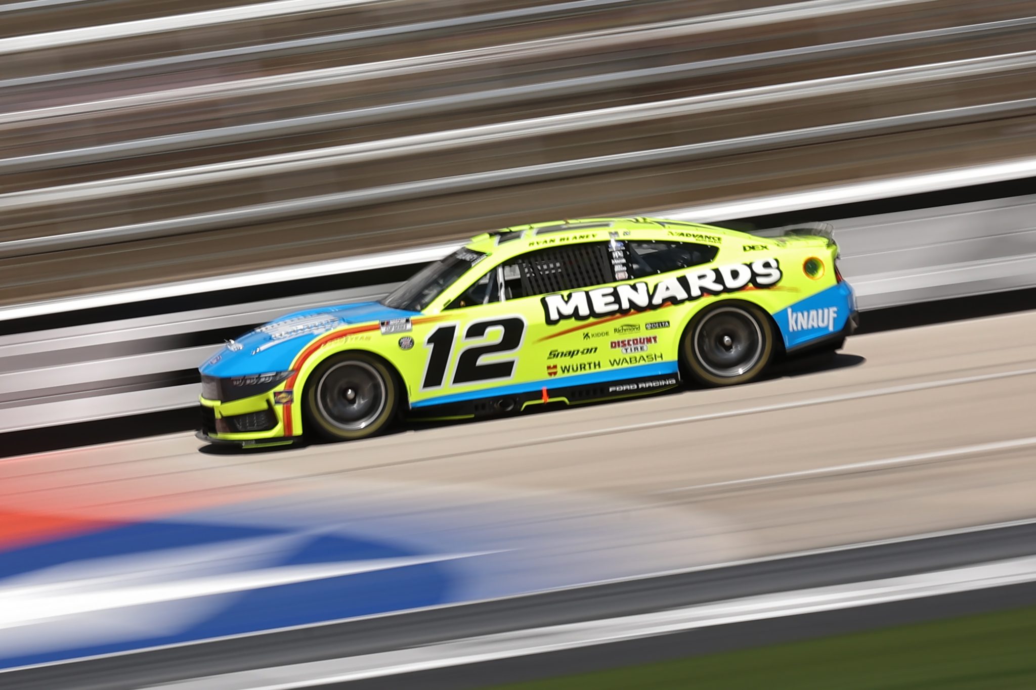 FORT WORTH, TEXAS - MAY 02: Ryan Blaney, driver of the #12 Menards/Knauf Ford, races during practice for the NASCAR Cup Series Würth 400 presented by LIQUI MOLY at Texas Motor Speedway on May 02, 2026 in Fort Worth, Texas. (Photo by James Gilbert/Getty Images) | Getty Images