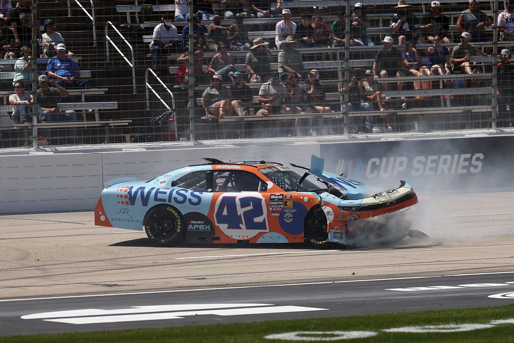FORT WORTH, TEXAS - MAY 02: Brad Perez, driver of the #42 Weiss Sand & Clay Chevrolet, wrecks during the NASCAR O'Reilly Auto Parts Series Andy's Frozen Custard 340 at Texas Motor Speedway on May 02, 2026 in Fort Worth, Texas. (Photo by James Gilbert/Getty Images) | Getty Images