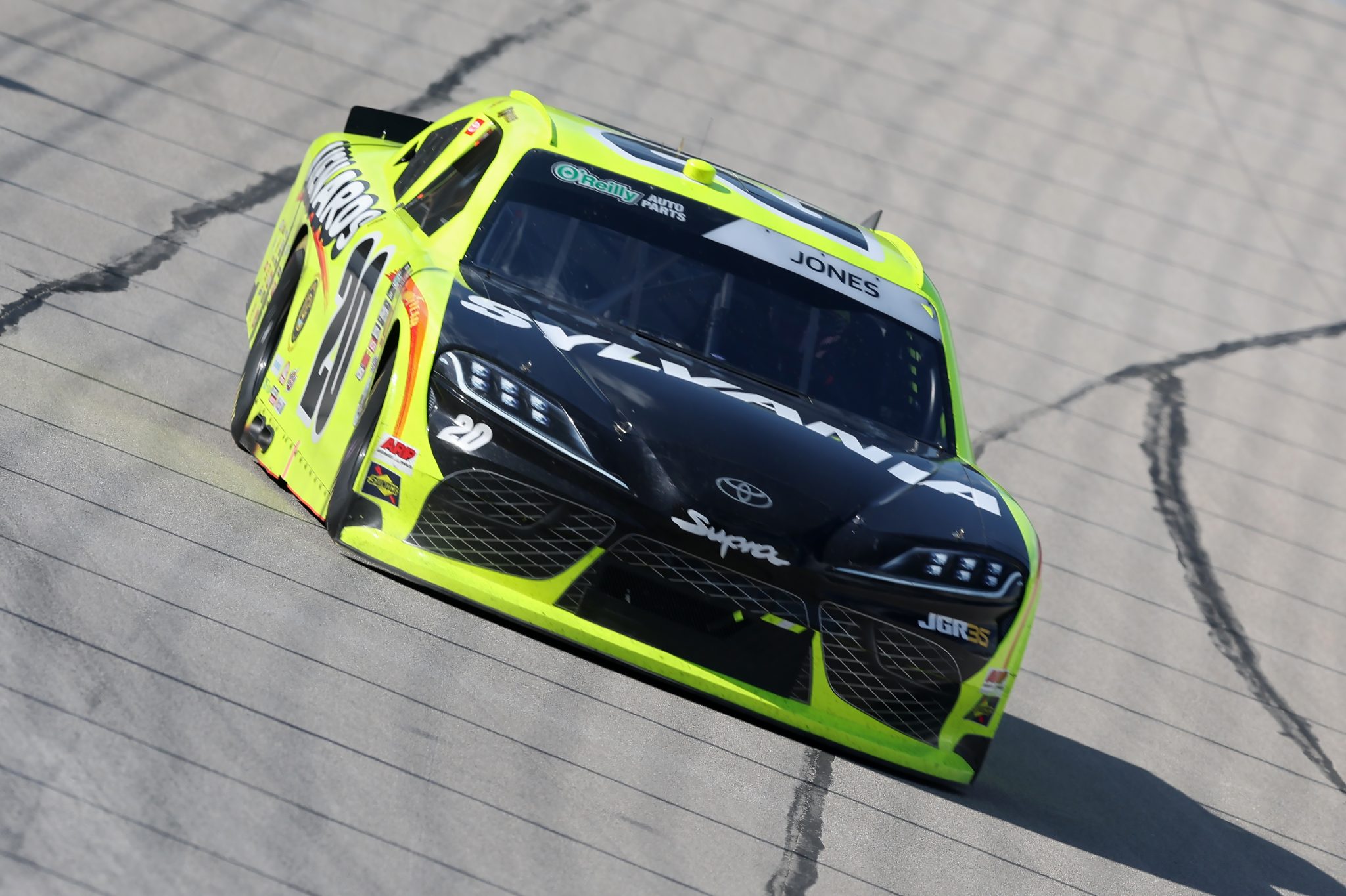 FORT WORTH, TEXAS - MAY 02: Brandon Jones, driver of the #20 Menards/Sylvania Toyota, races during the NASCAR O'Reilly Auto Parts Series Andy's Frozen Custard 340 at Texas Motor Speedway on May 02, 2026 in Fort Worth, Texas. (Photo by Logan Riely/Getty Images) | Getty Images