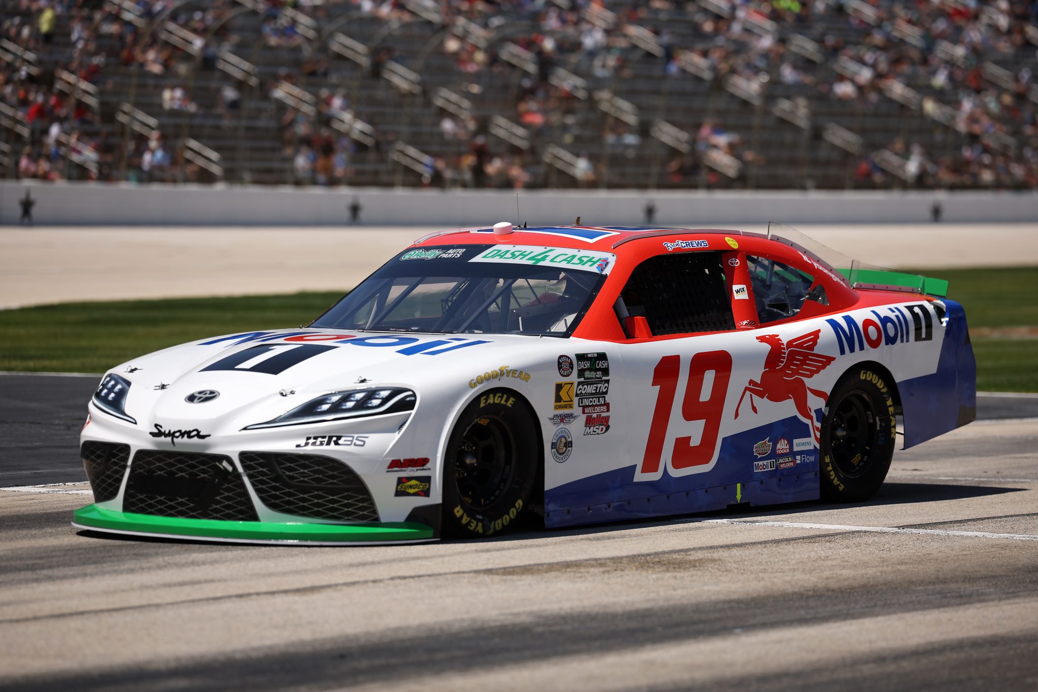 FORT WORTH, TEXAS - MAY 02: Brent Crews, driver of the #19 Mobil 1 Toyota, leaves the starting grid during the NASCAR O'Reilly Auto Parts Series Andy's Frozen Custard 340 at Texas Motor Speedway on May 02, 2026 in Fort Worth, Texas. (Photo by James Gilbert/Getty Images) | Getty Images
