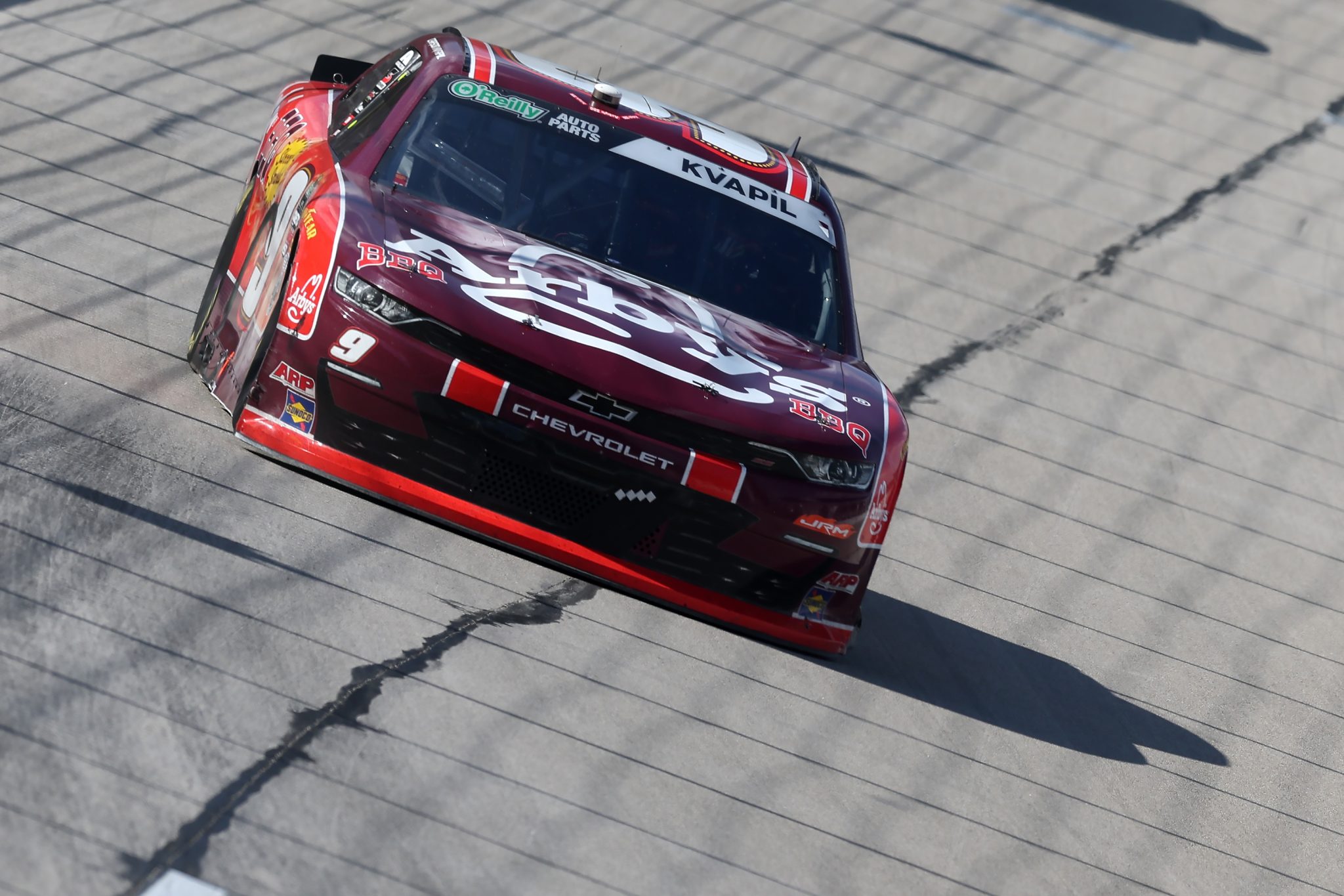FORT WORTH, TEXAS - MAY 02: Carson Kvapil, driver of the #9 Arby's BBQ Chevrolet, races during the NASCAR O'Reilly Auto Parts Series Andy's Frozen Custard 340 at Texas Motor Speedway on May 02, 2026 in Fort Worth, Texas. (Photo by Logan Riely/Getty Images) | Getty Images